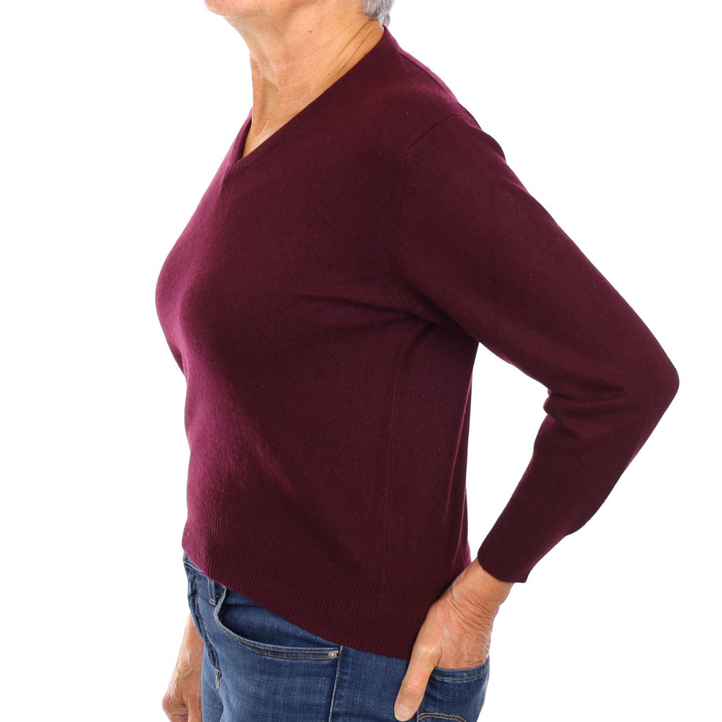 Aubergine Purple Cashmere V Neck Jumper Medium