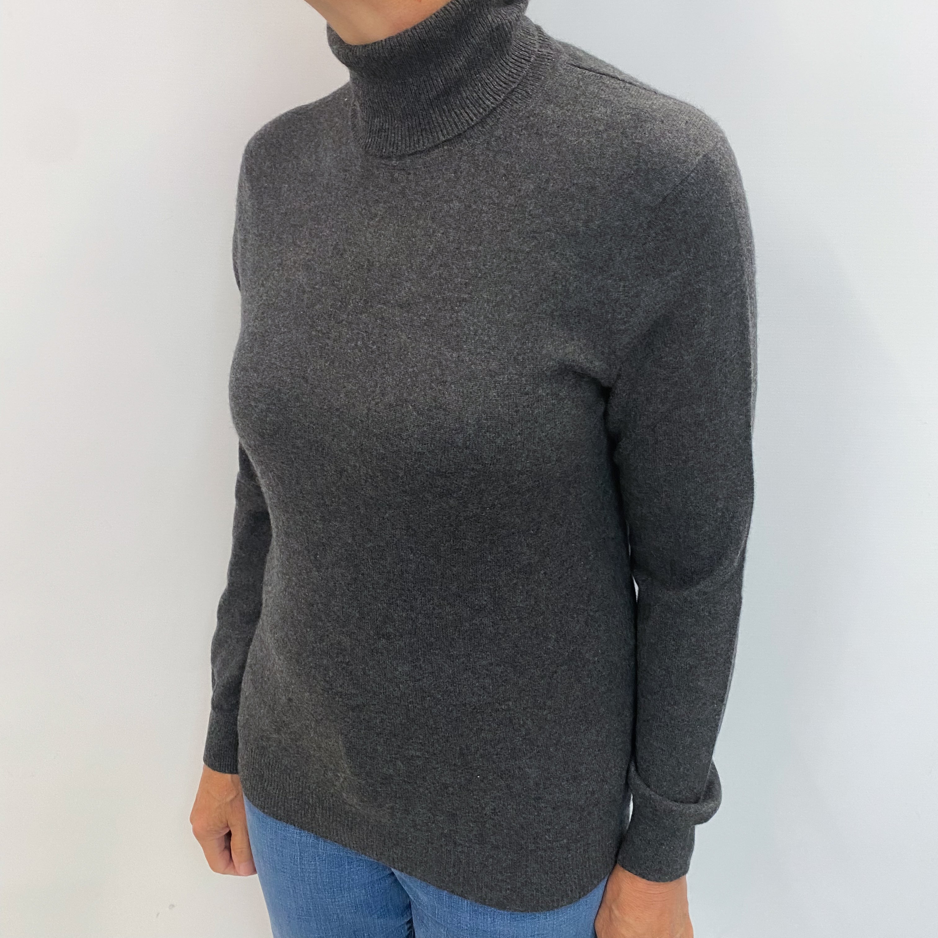Charcoal Grey Cashmere Polo Neck Jumper Medium
