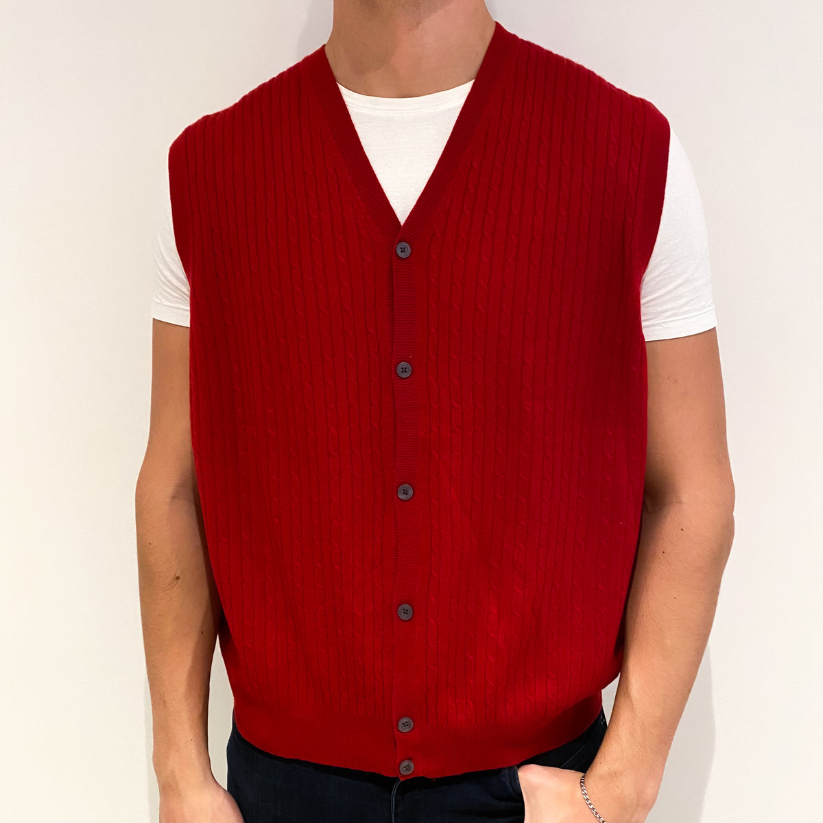 Men's Berry Red Cable Cashmere V-Neck Waist Coat Extra Extra Large
