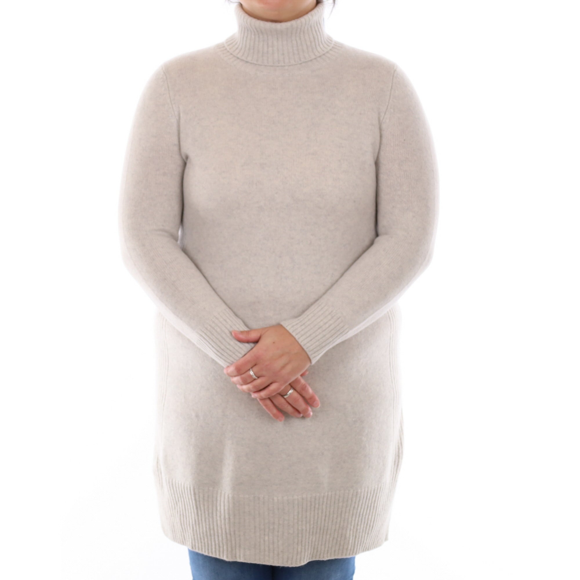 Mist Grey Cashmere Chunky Longline Polo Neck Jumper Large