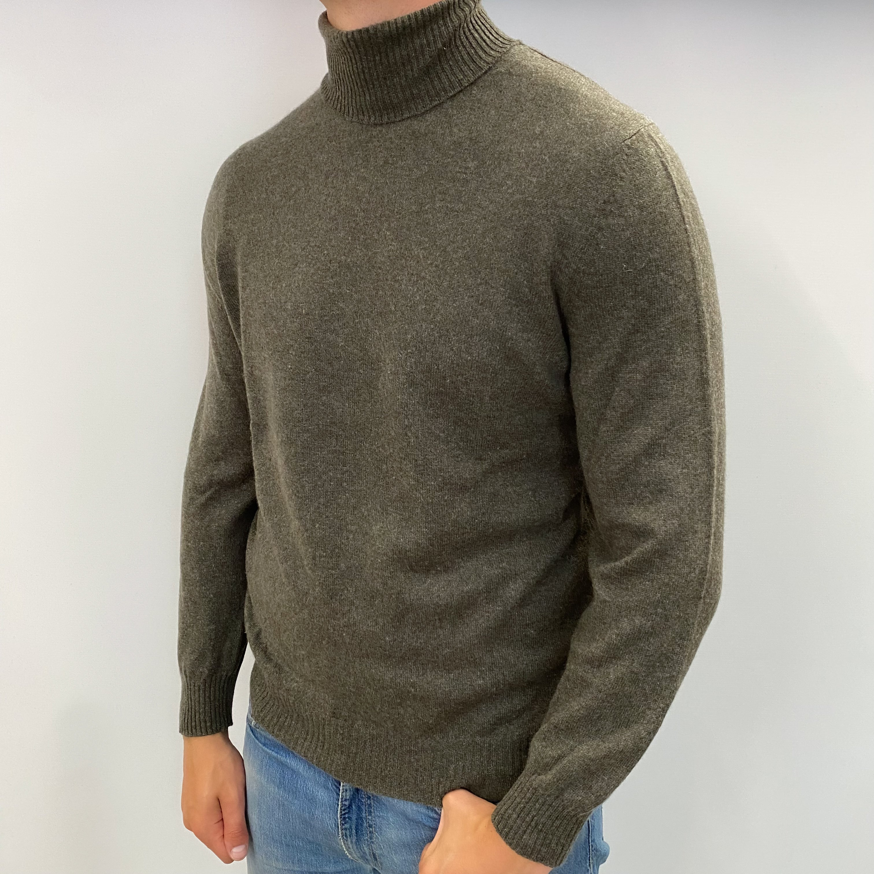 Men's Italian Deep Khaki Green Cashmere Polo Neck Jumper XL