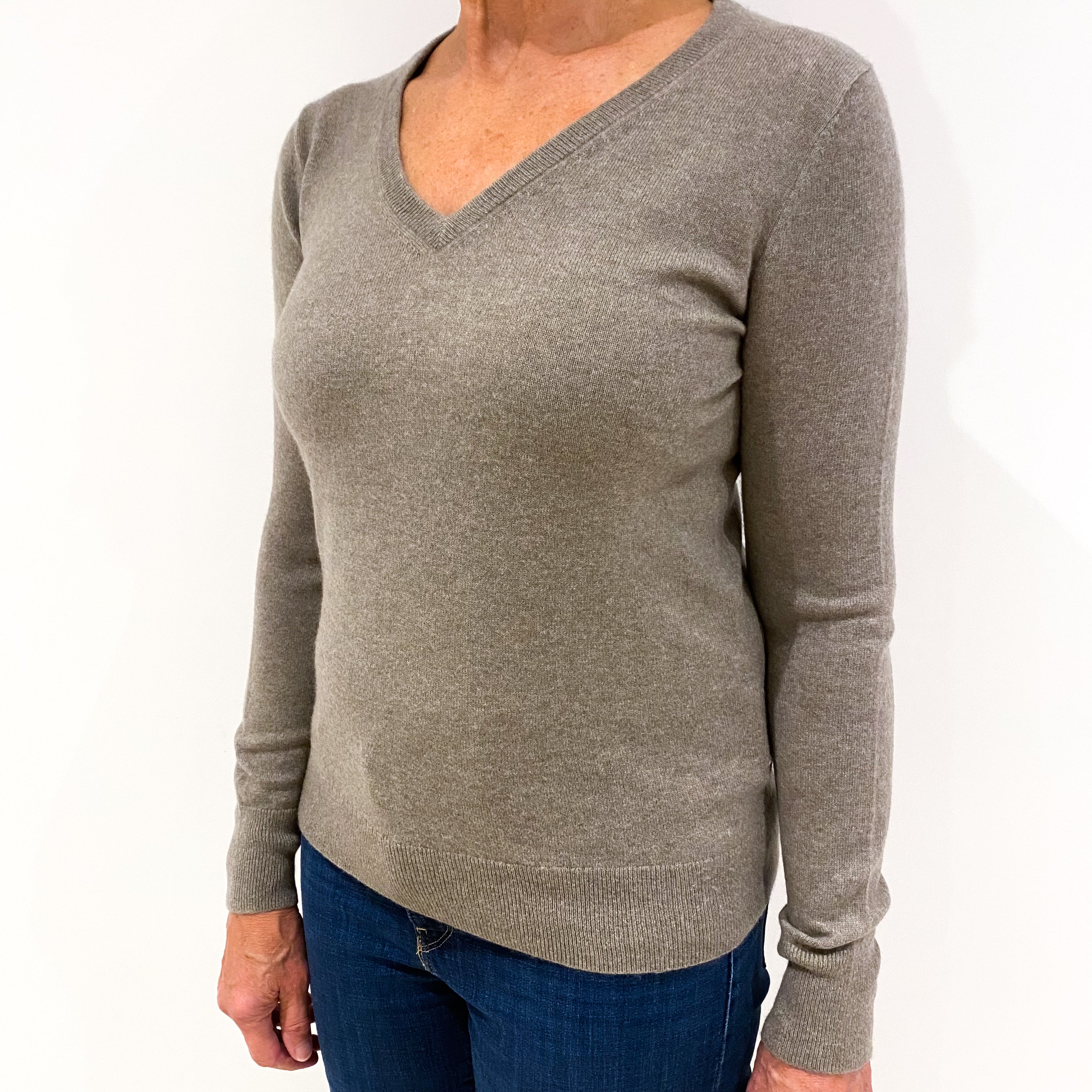 Latte Brown Cashmere V-Neck Jumper Medium