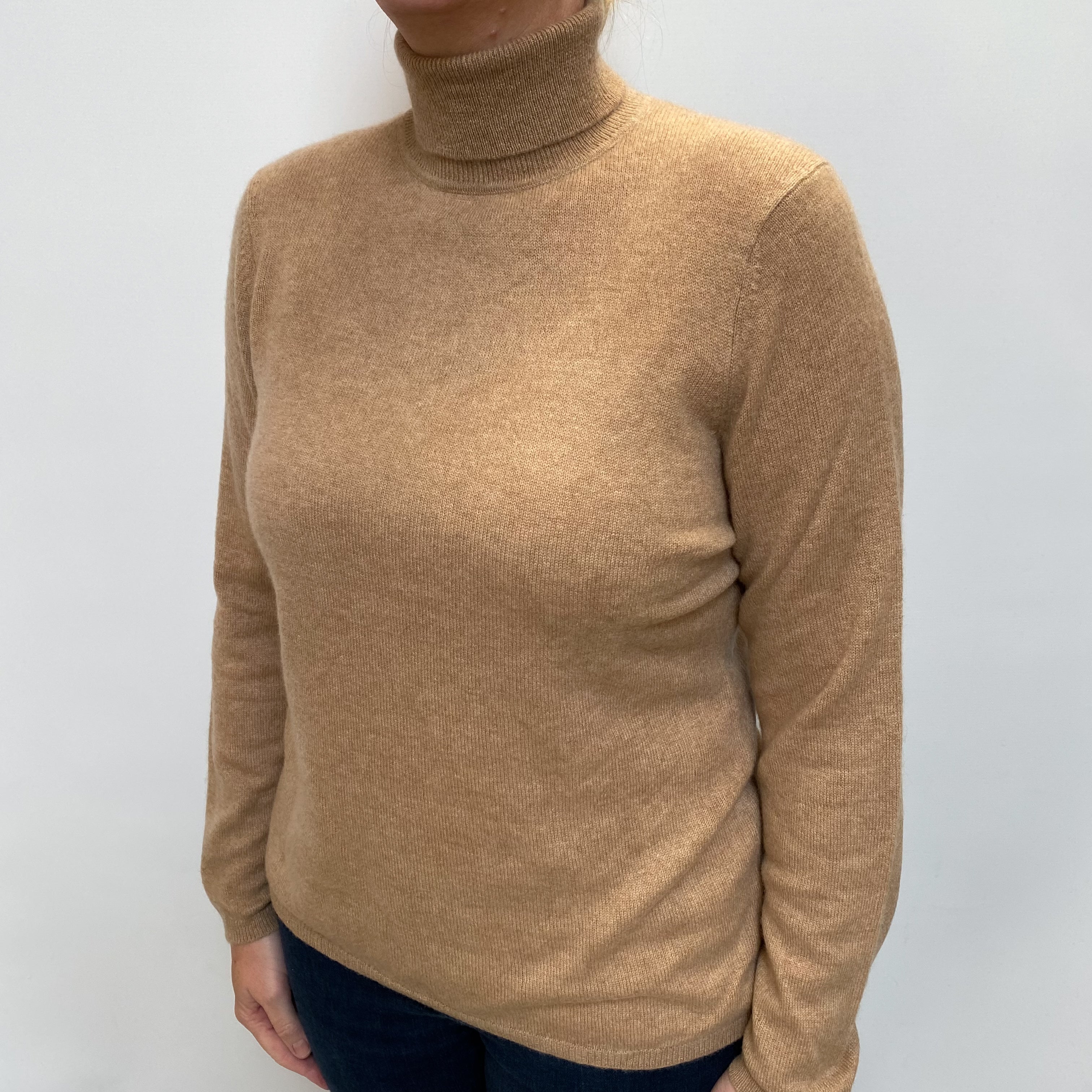 Camel Brown Cashmere Polo Neck Jumper Large