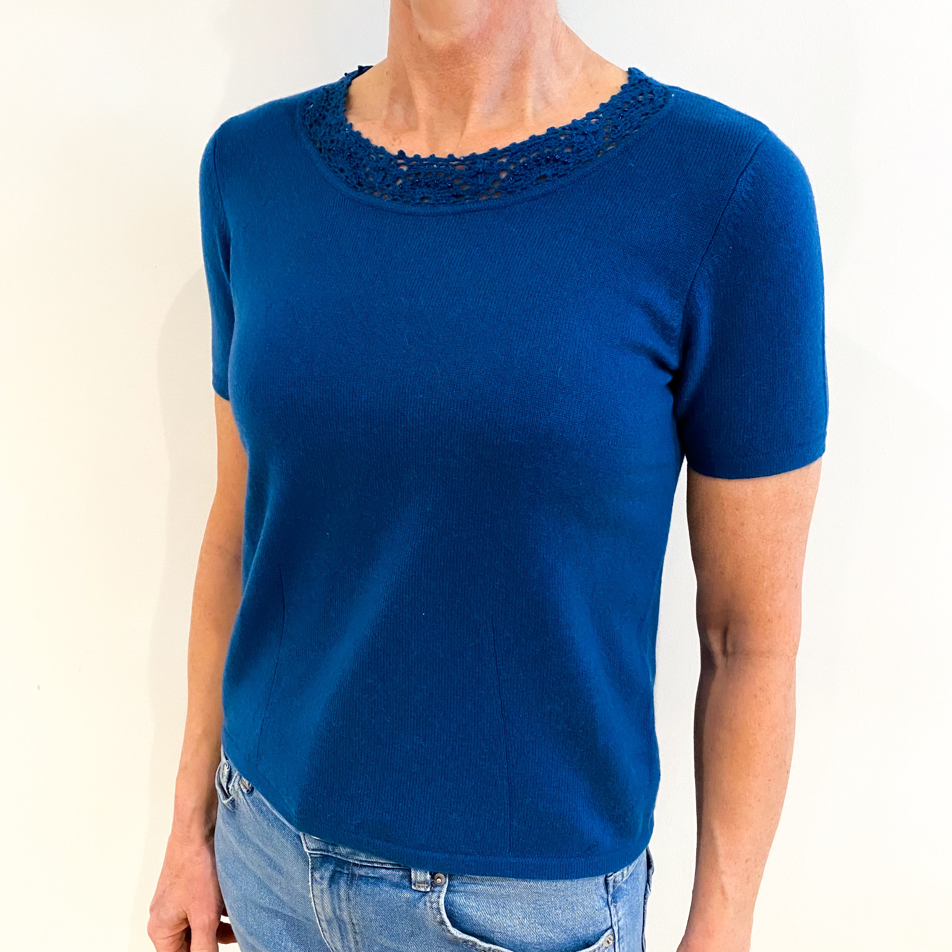 Peacock Blue Cashmere Crew Neck Short Sleeved Jumper Small