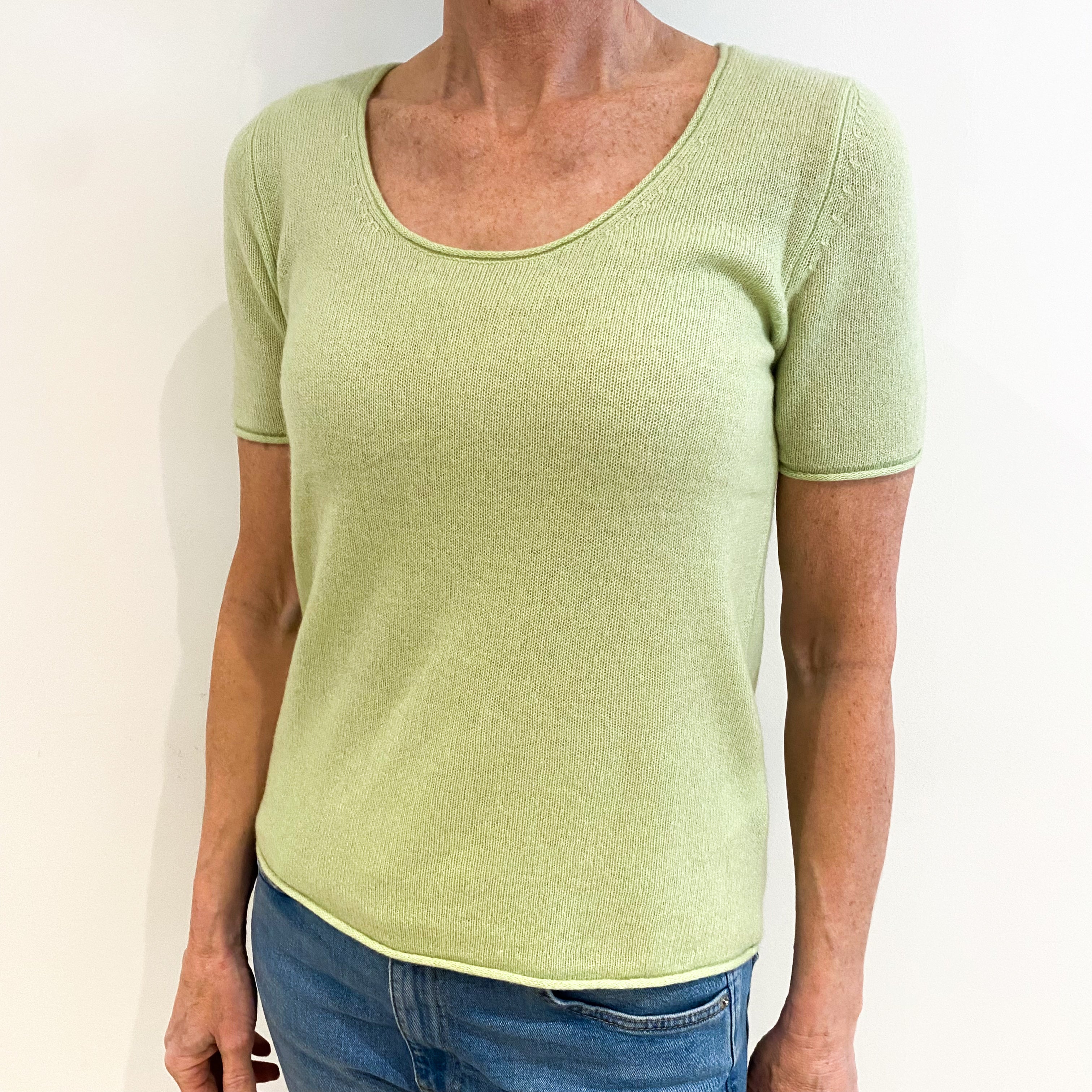 New Bright Lime Green Cashmere Scoop Neck Short Sleeved Jumper Small