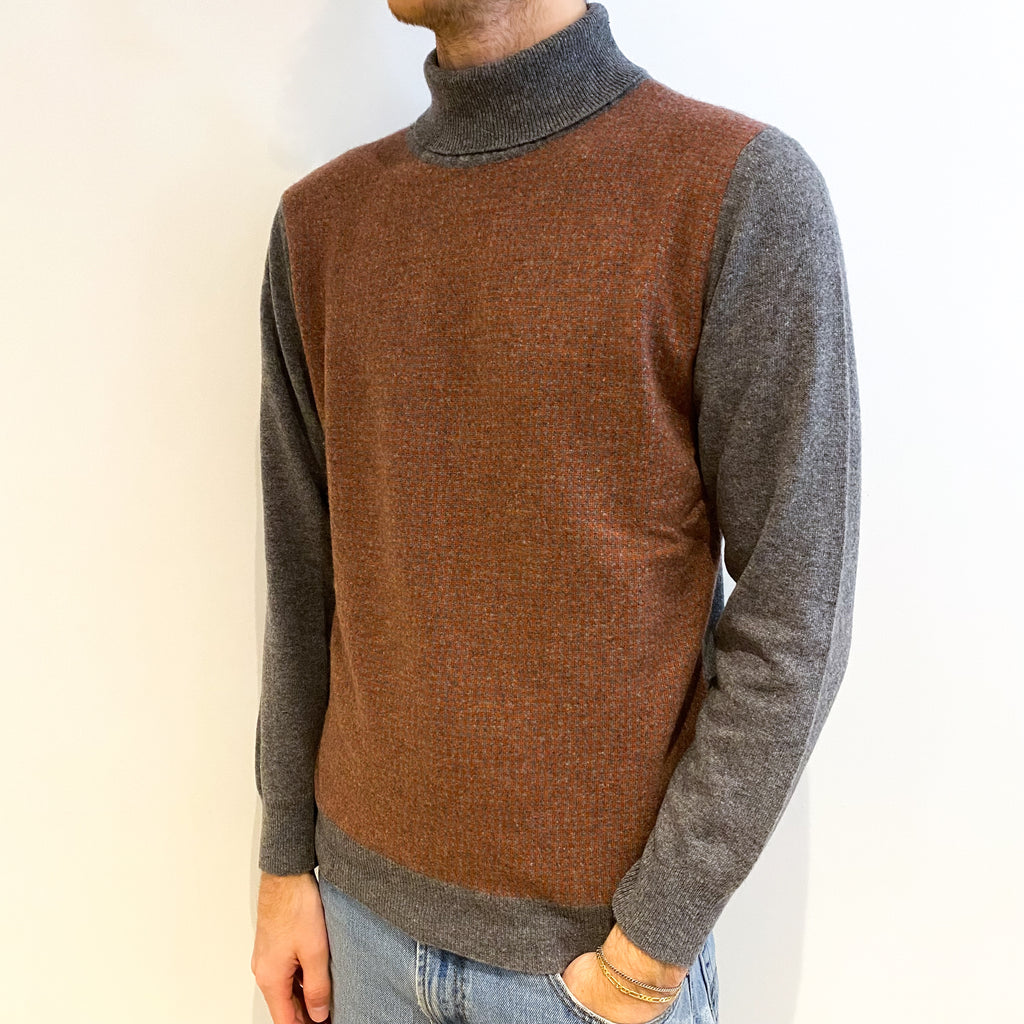 Men's Italian Slate Grey And Orange Cashmere Polo Neck Jumper Large