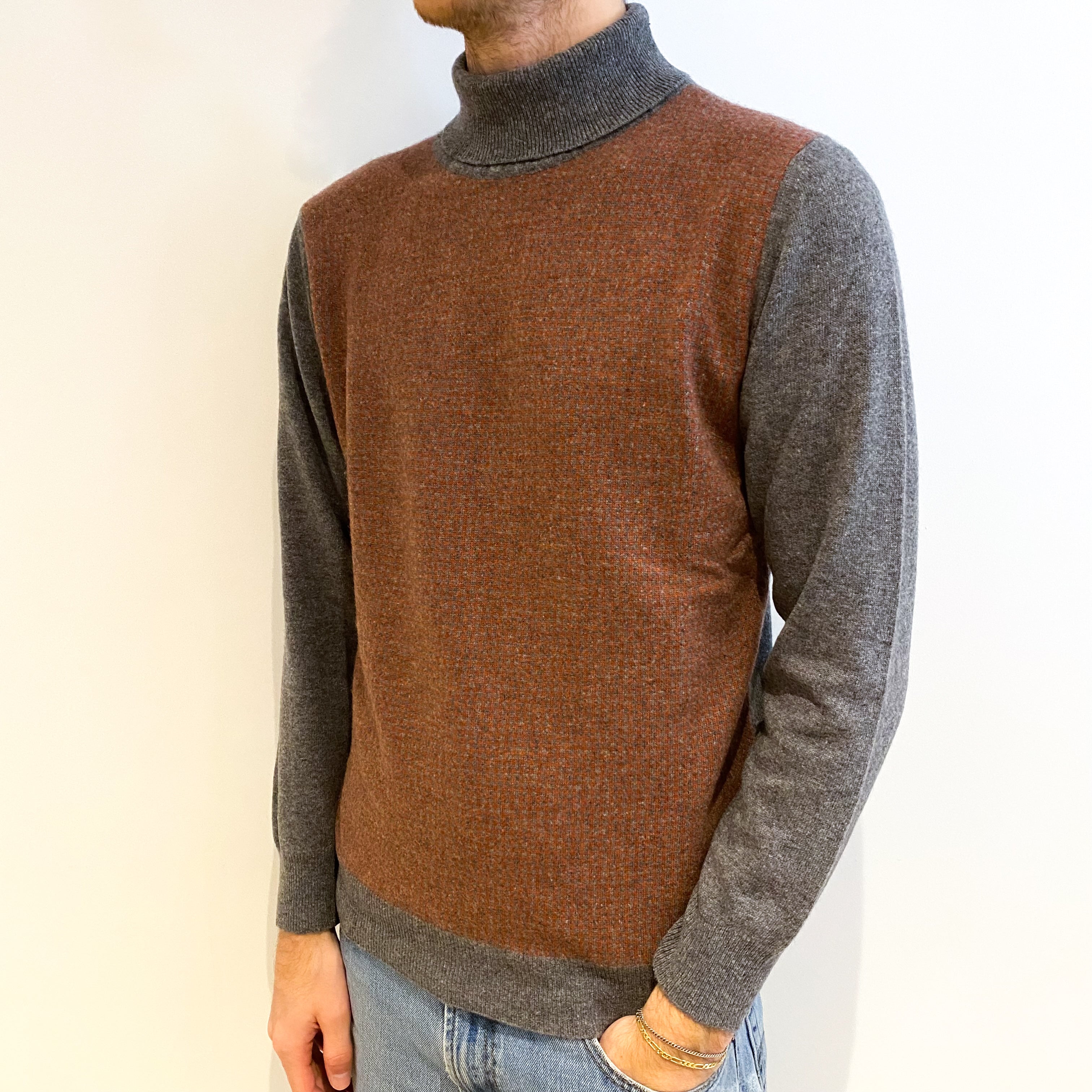 Men's Italian Slate Grey And Orange Cashmere Polo Neck Jumper Large