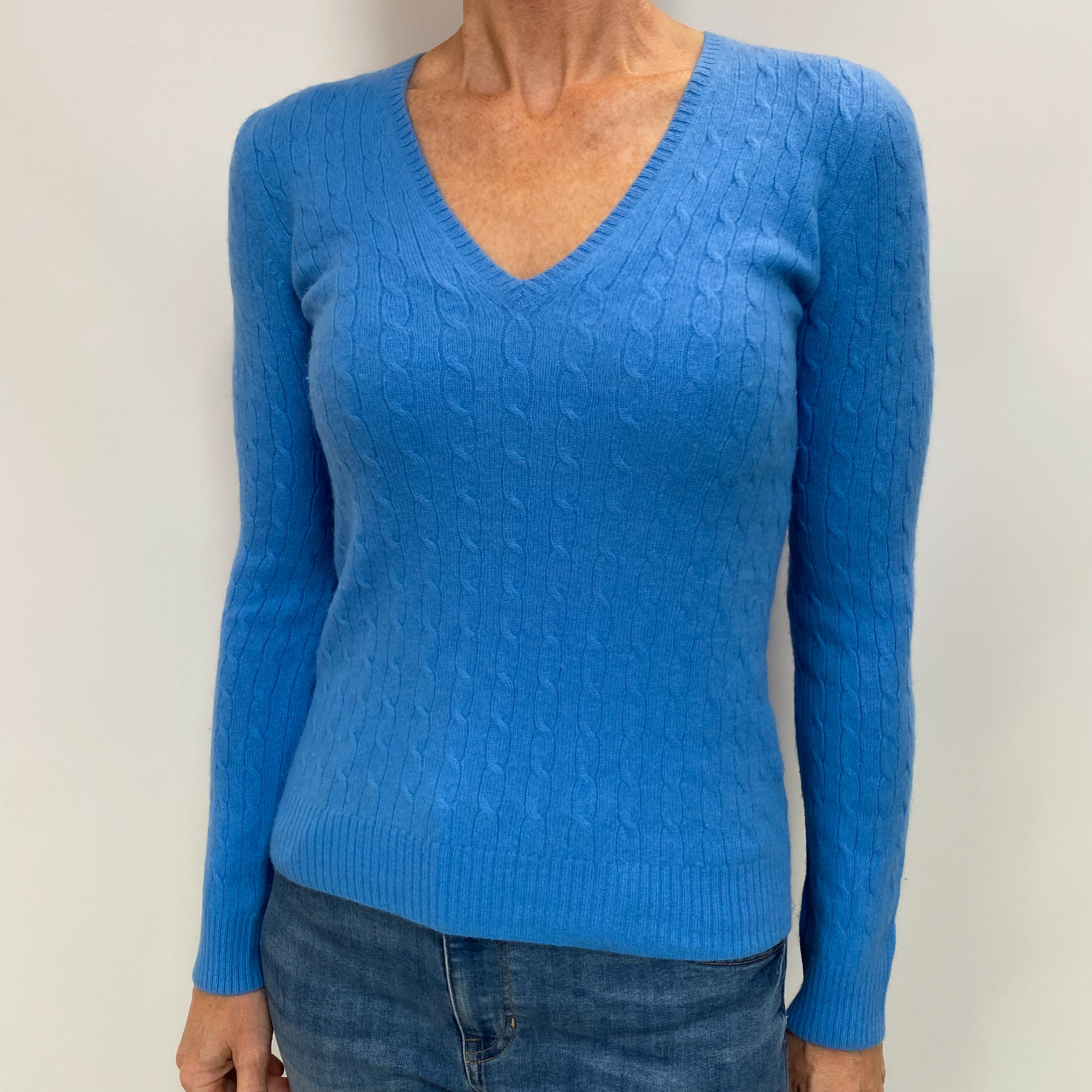 Cornflower Blue Cashmere V Neck Cable Knit Jumper Small