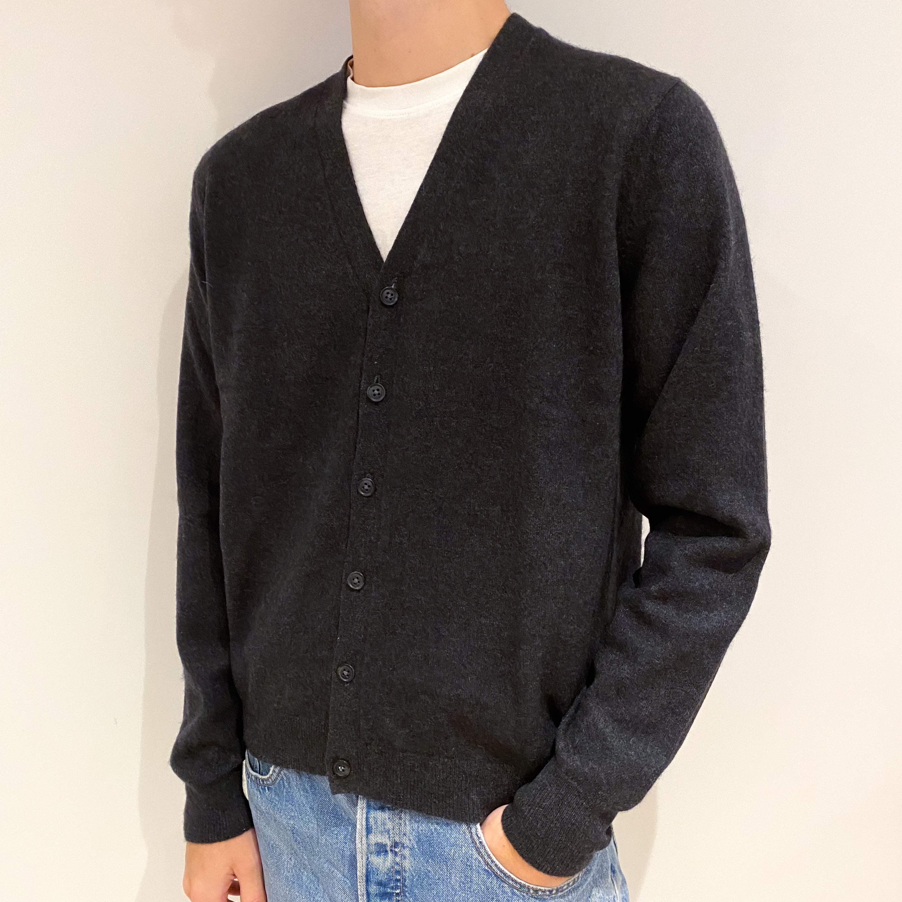 Men's Charcoal Grey Cashmere V Neck Cardigan Large