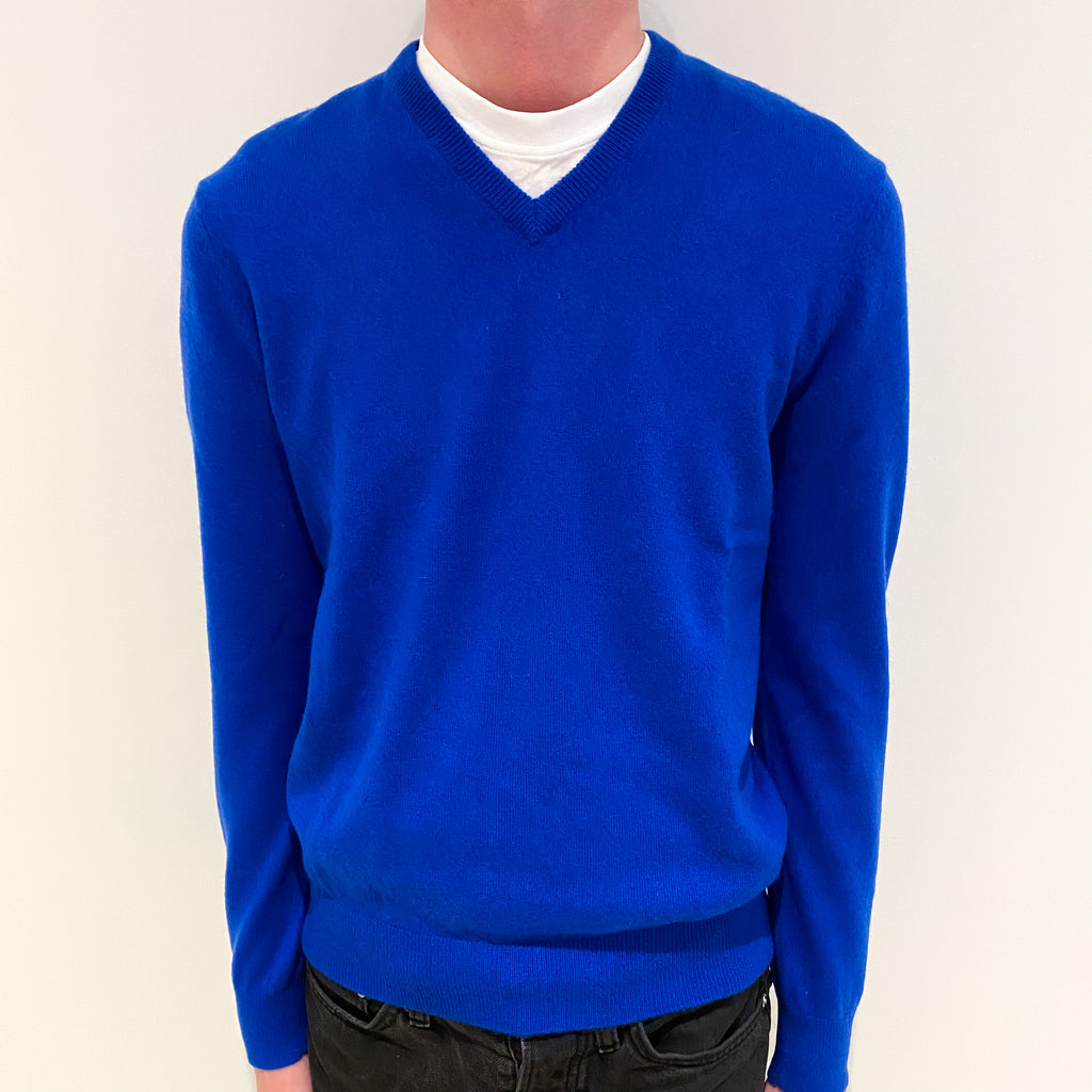 Men's Electric Blue Cashmere V-Neck Jumper Small