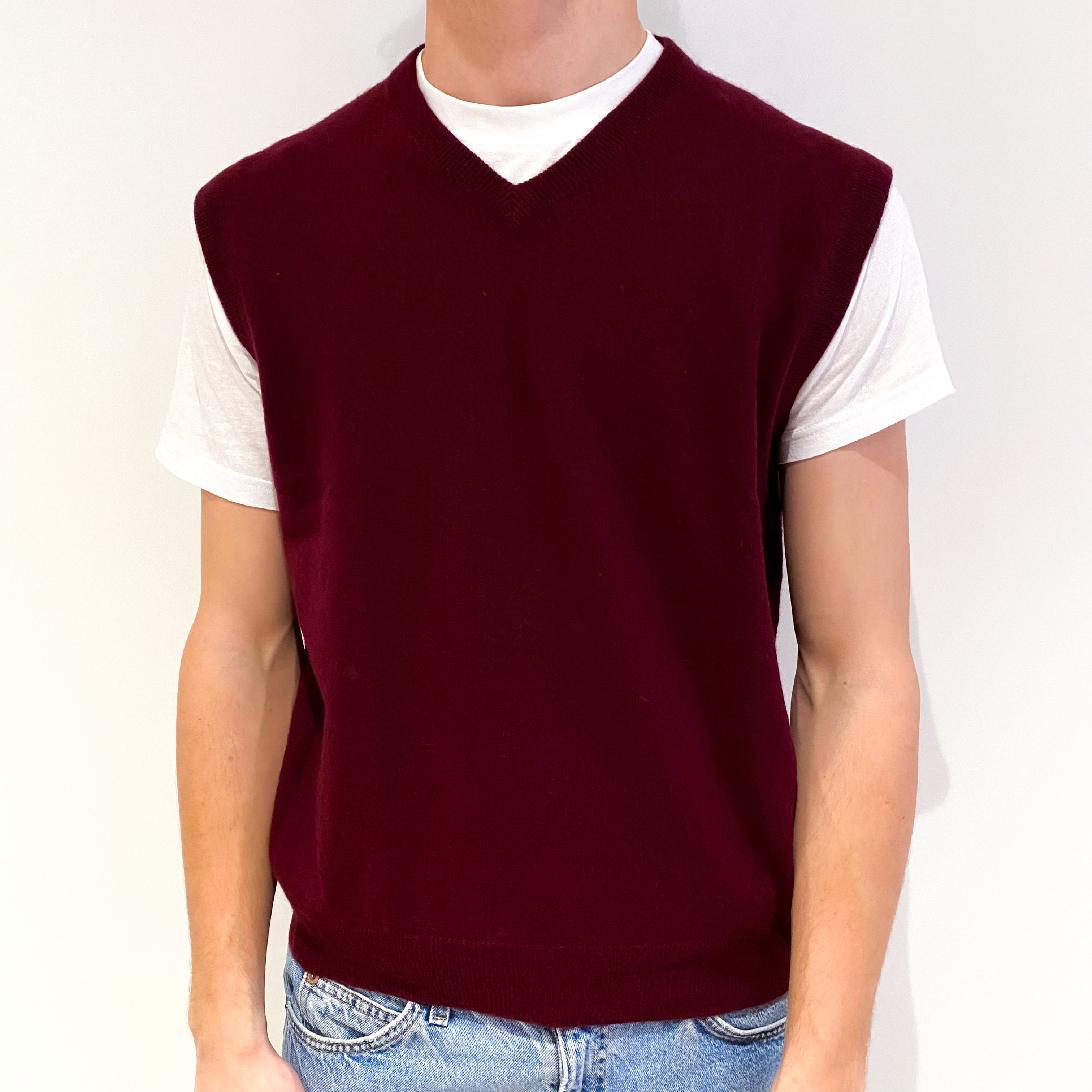 Men's Wine Red Cashmere V-Neck Tank Top Medium