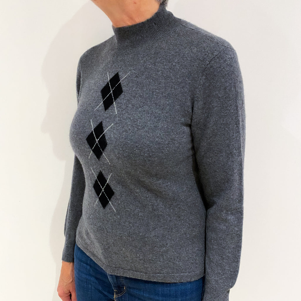 Slate Grey Diamond Pattern Cashmere Turtle Neck Jumper Medium