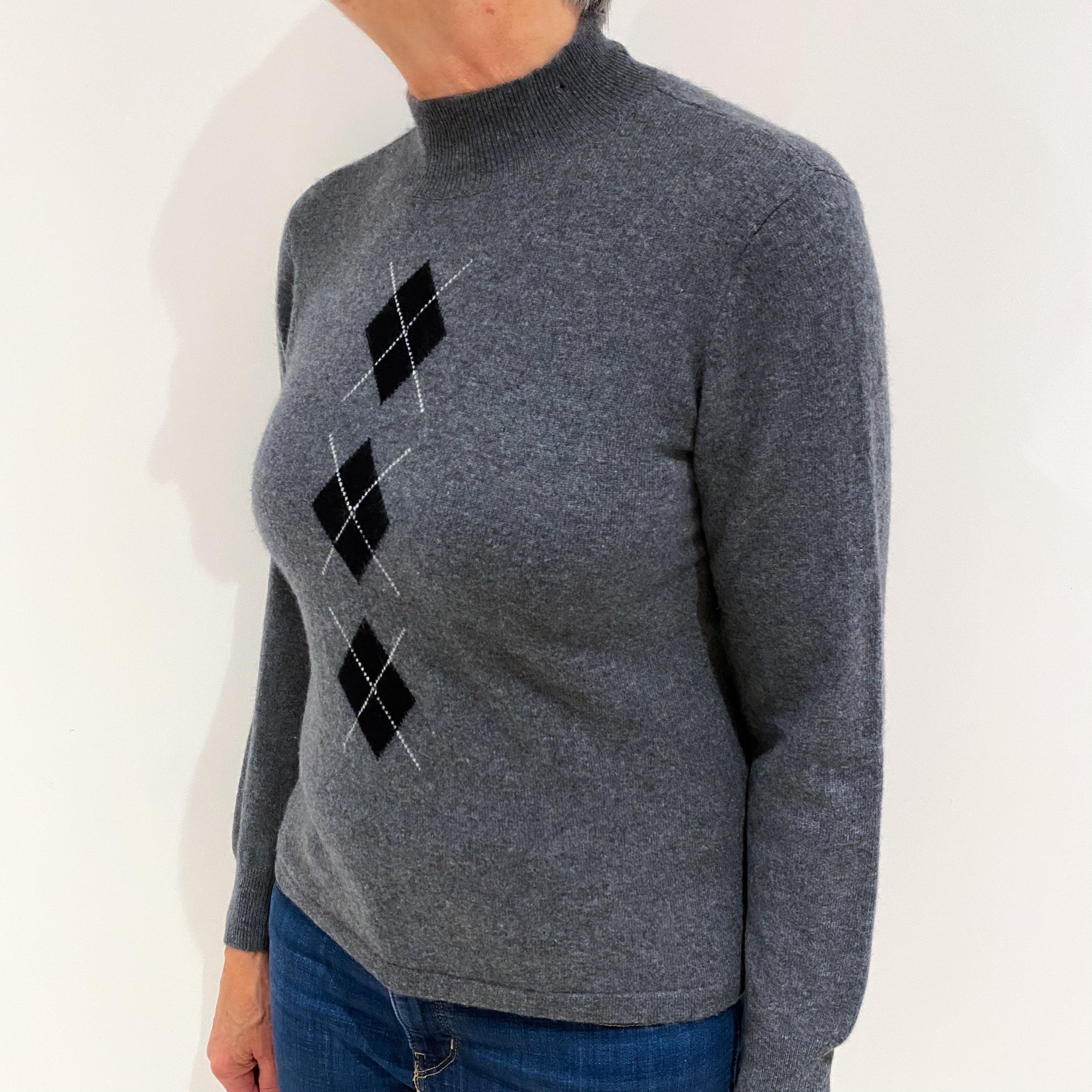 Slate Grey Diamond Pattern Cashmere Turtle Neck Jumper Medium