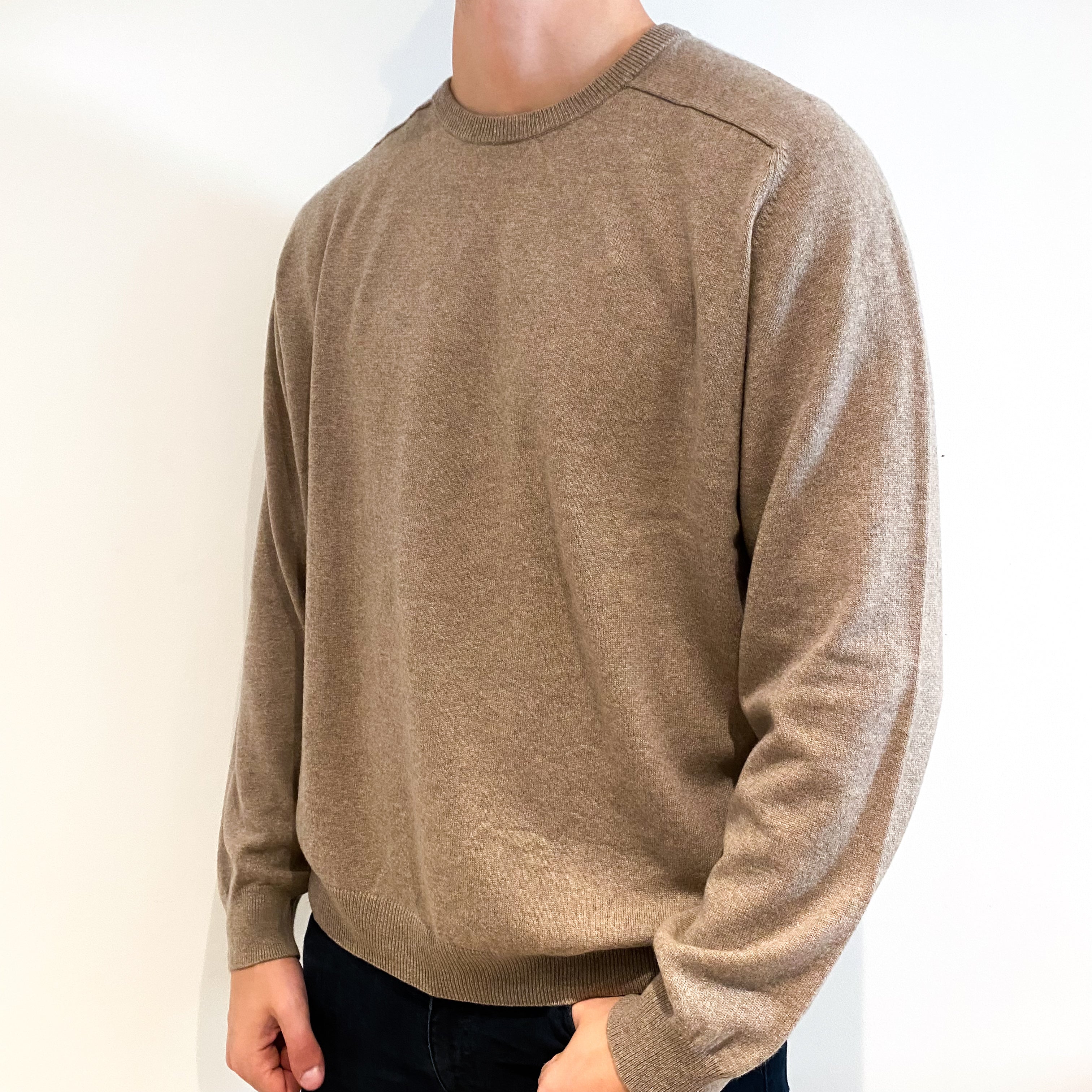 Men's Biscuit Brown Cashmere Crew Neck Jumper Extra Extra Large