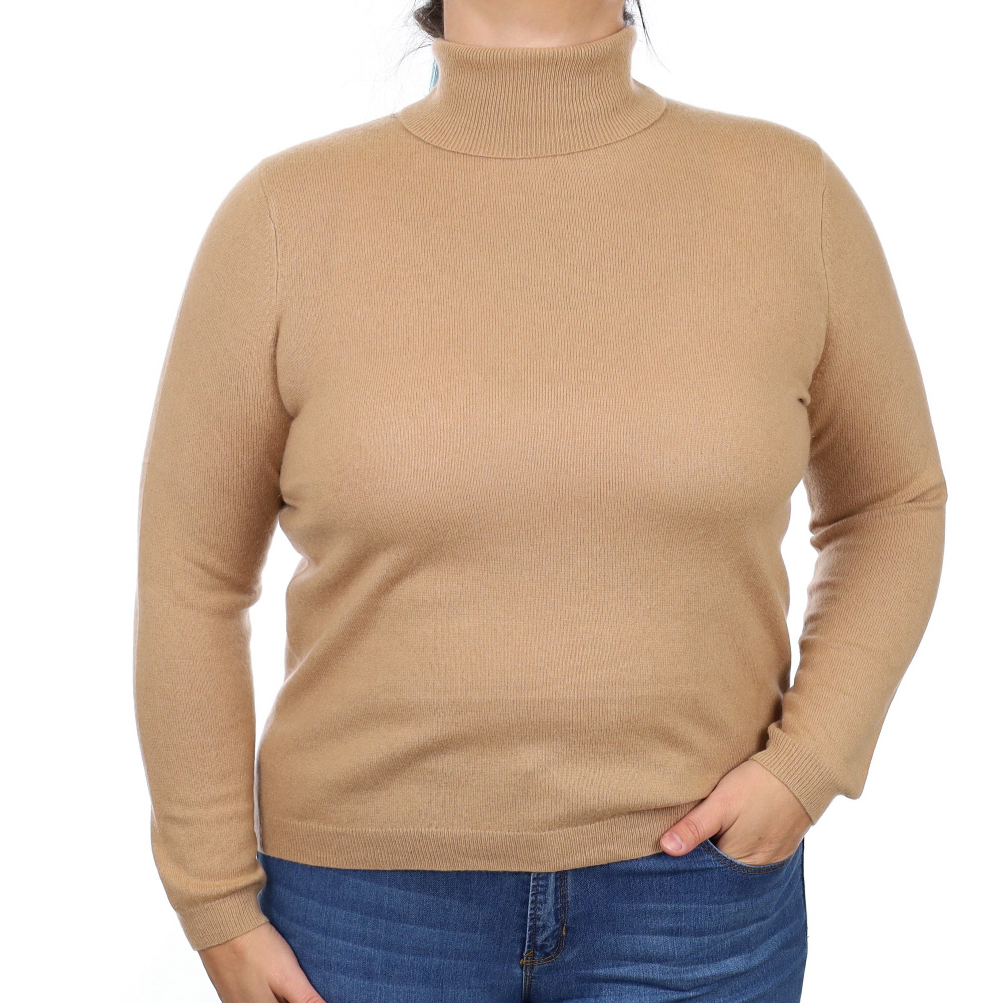 Camel Brown Cashmere Polo Neck Jumper Large