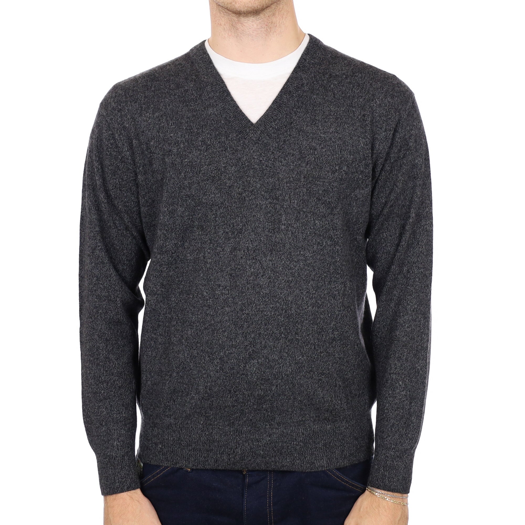 Men's Slate Grey Marl Cashmere V Neck Jumper Medium