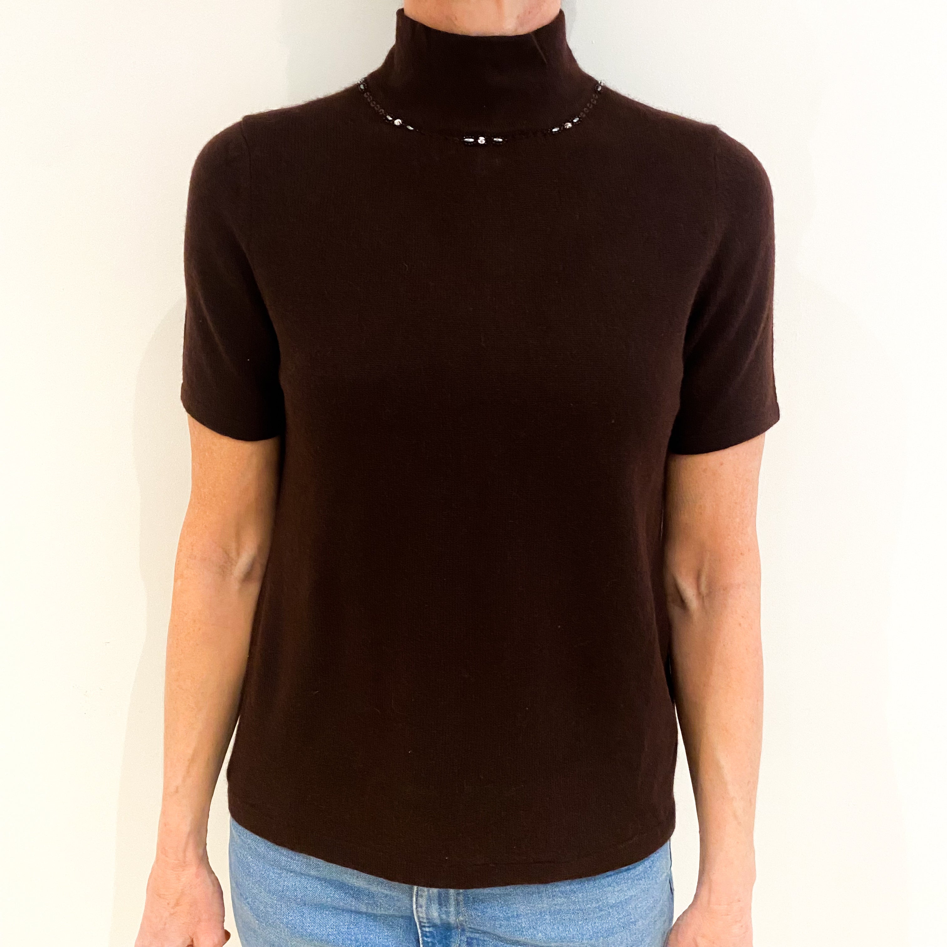 Dark Chocolate Brown Short Sleeved Cashmere Turtle Neck Jumper Small
