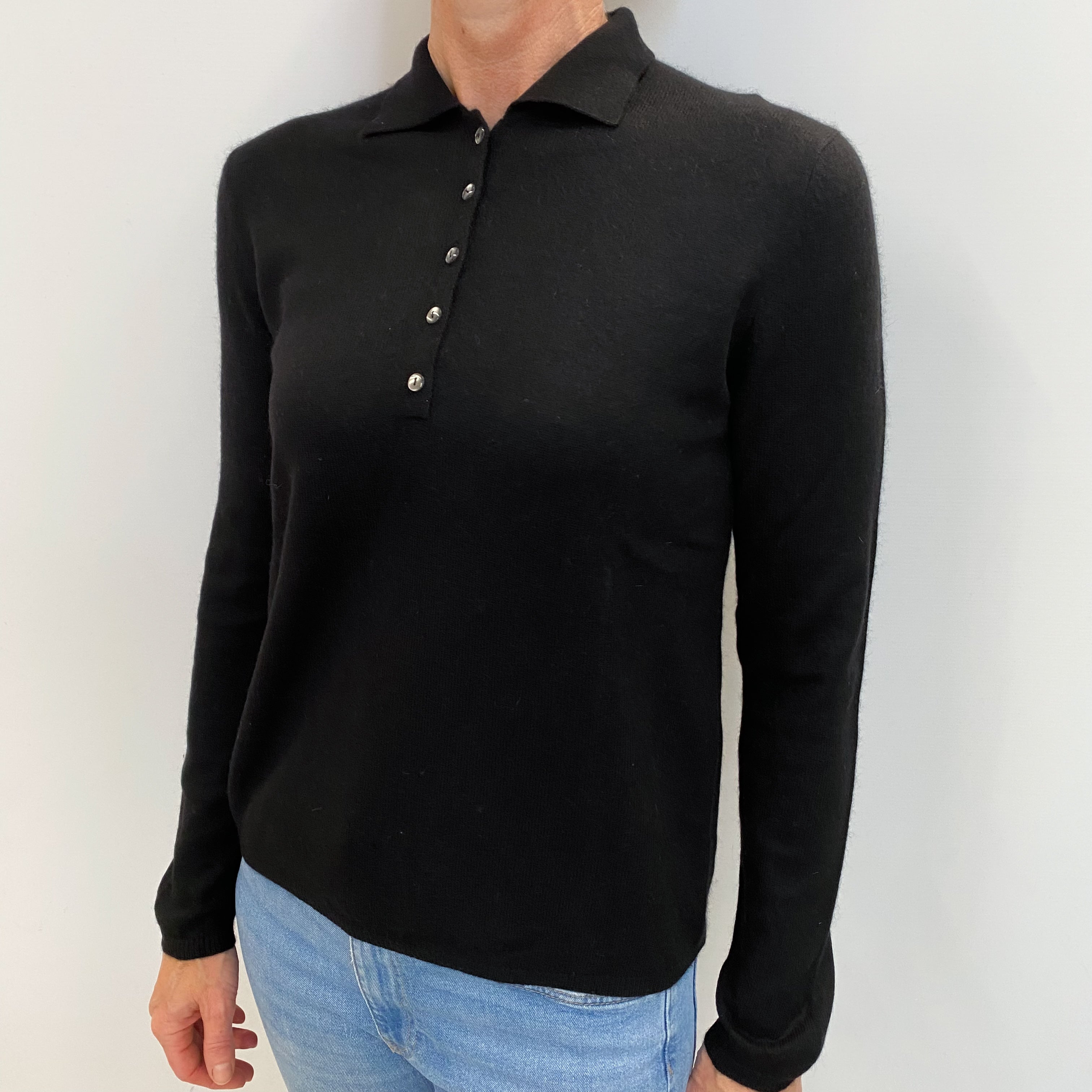 Black Cashmere 1/4 Button Collared Crew Neck Jumper Small