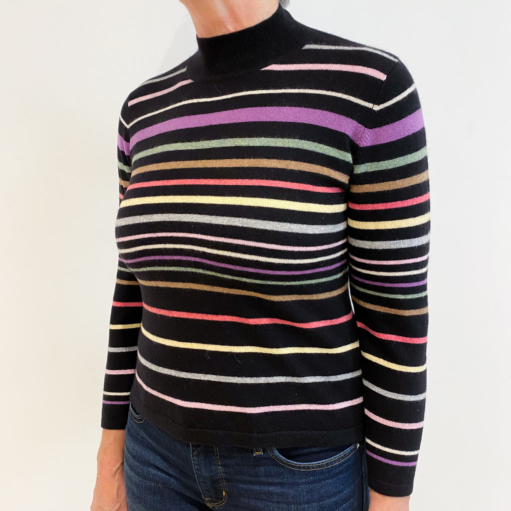 Black Colourful Stripe Cashmere Turtle Neck Jumper Medium