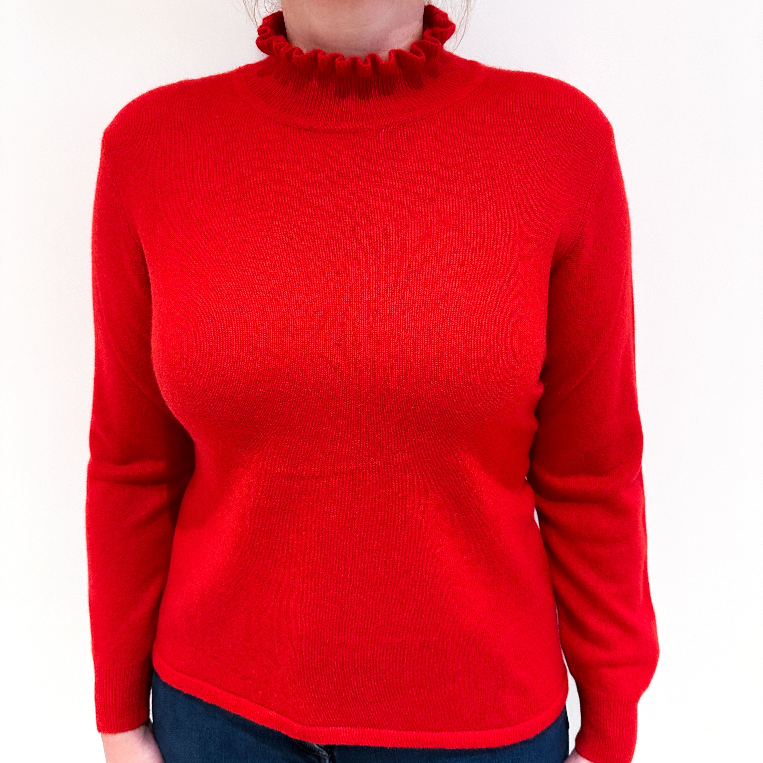 Vermillion Red Cashmere Frill Trimmed Turtle Neck Jumper Large
