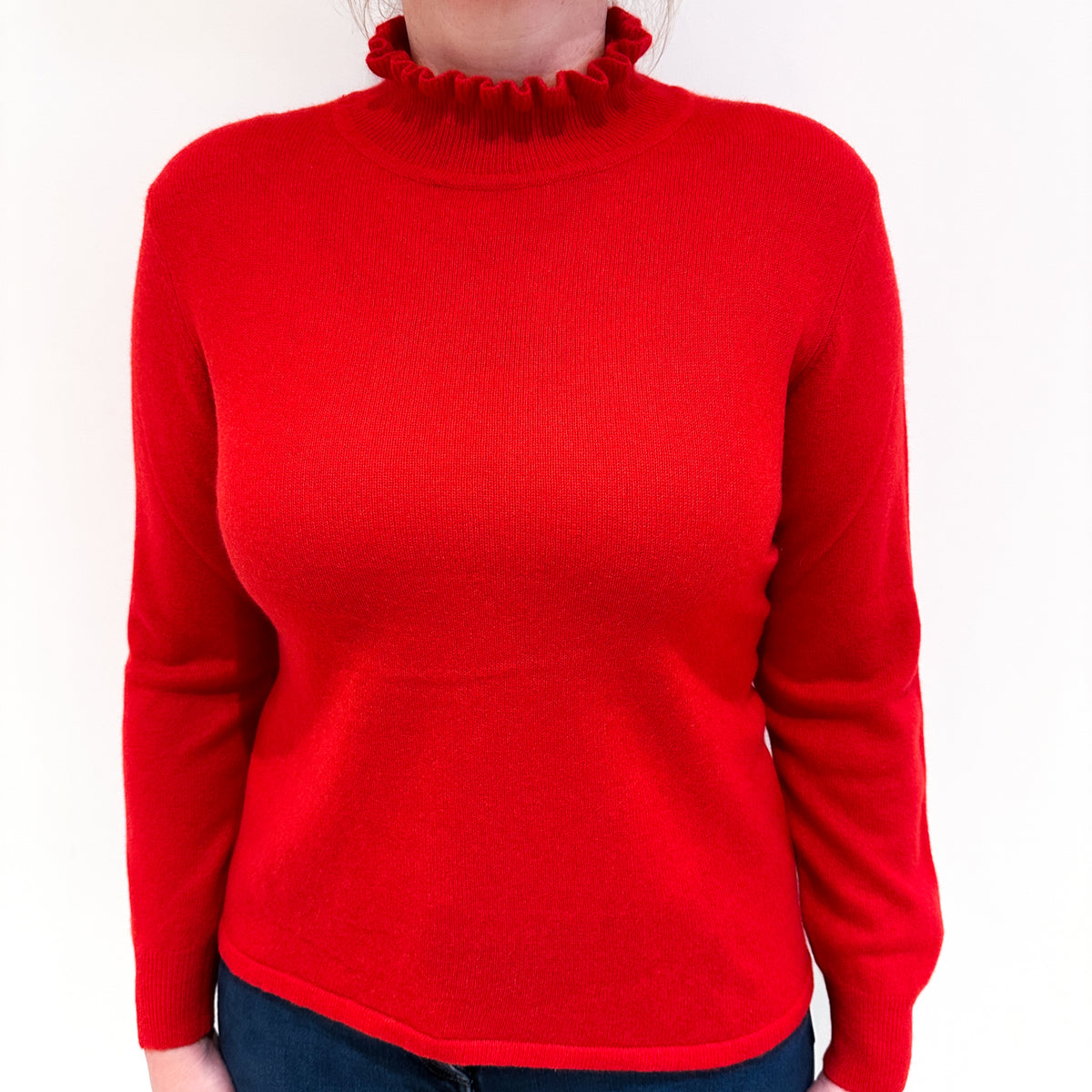 Vermillion Red Cashmere Frill Trimmed Turtle Neck Jumper Large