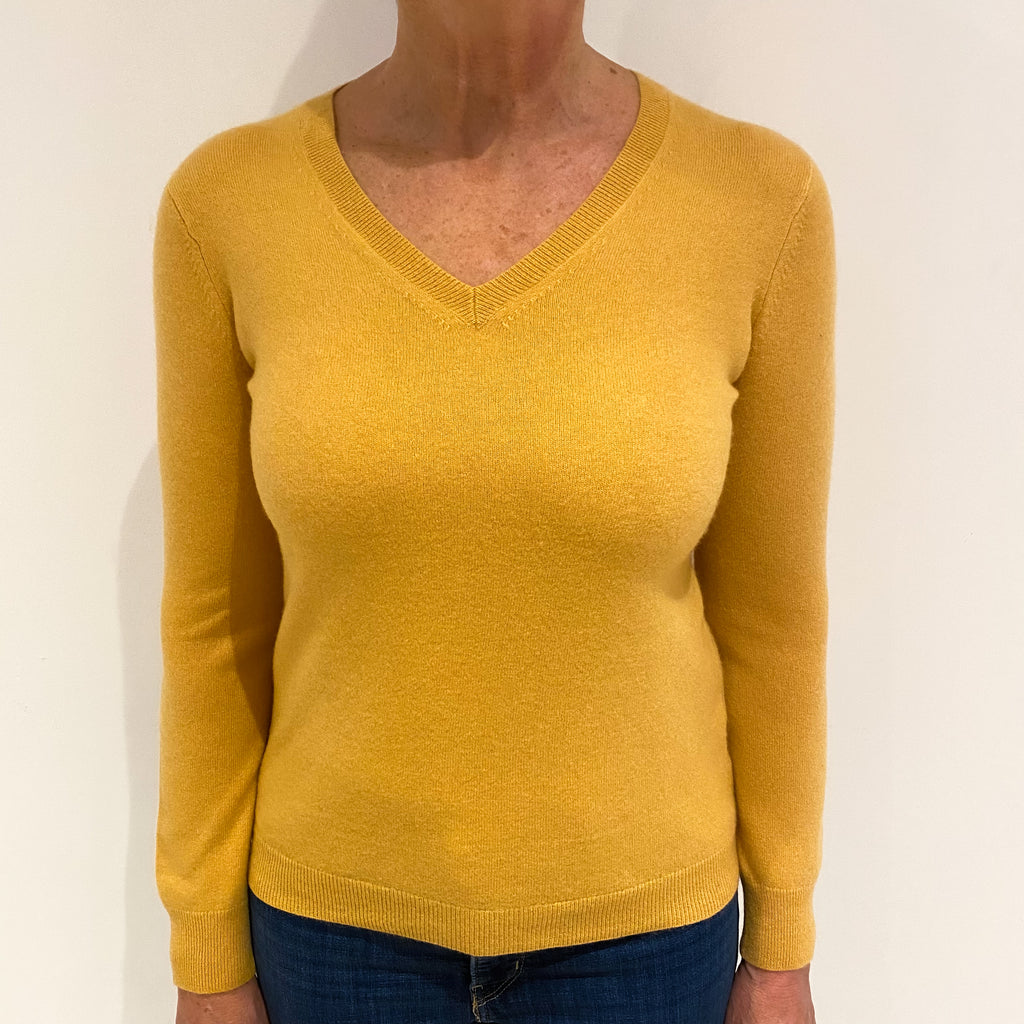 Ochre Yellow Cashmere V Neck Jumper Medium