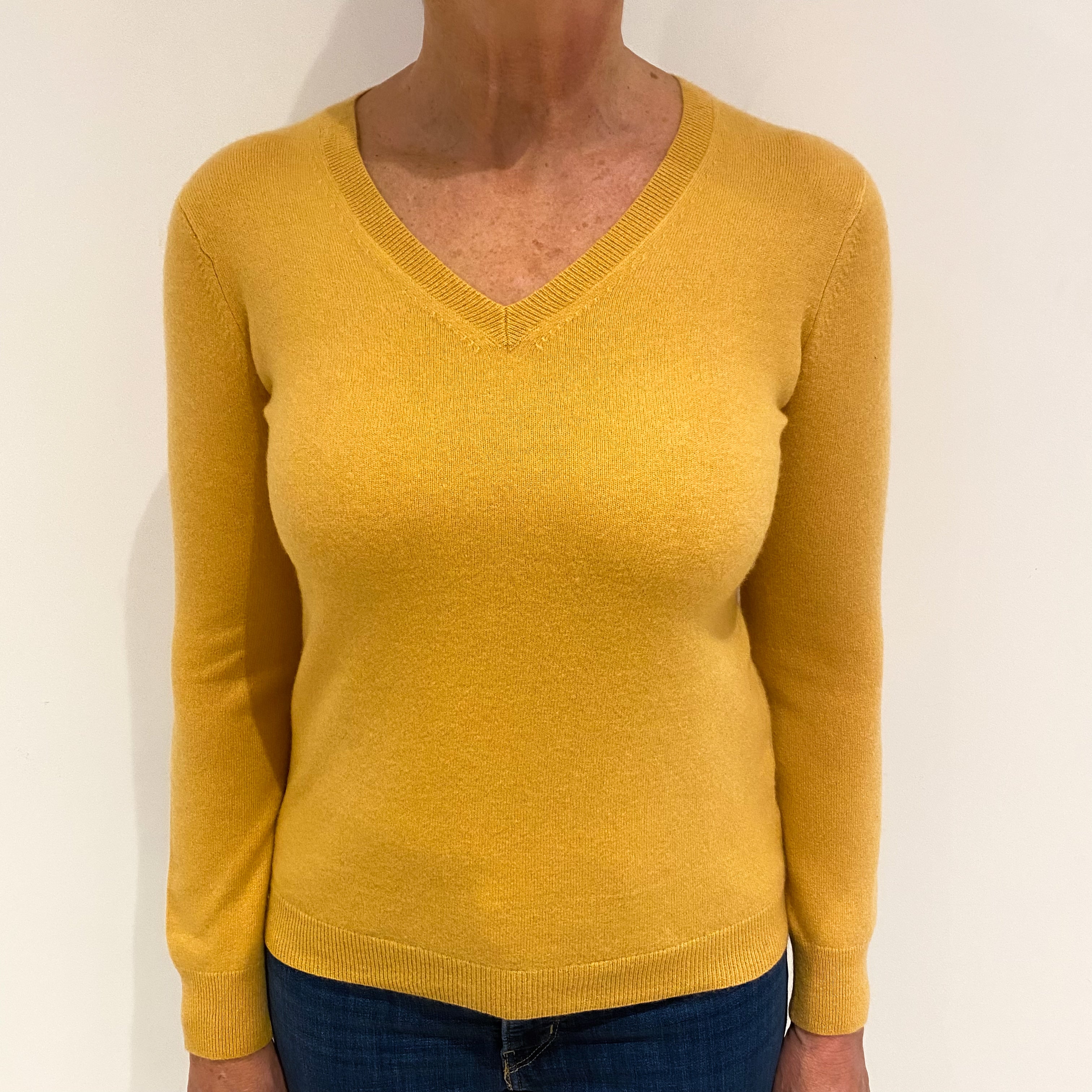 Ochre Yellow Cashmere V Neck Jumper Medium