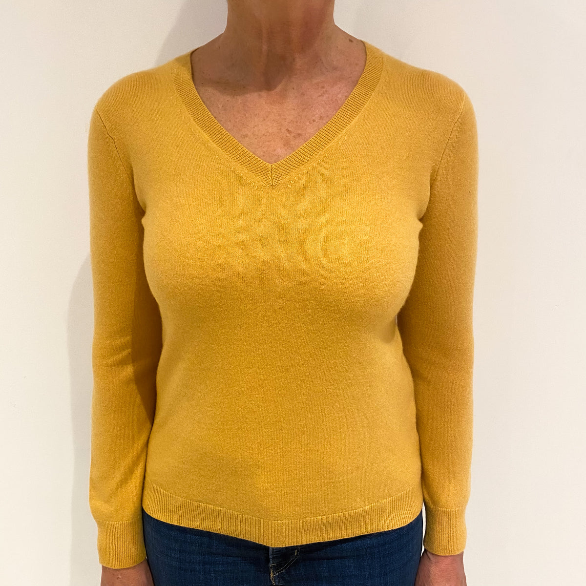 Ochre Yellow Cashmere V Neck Jumper Medium