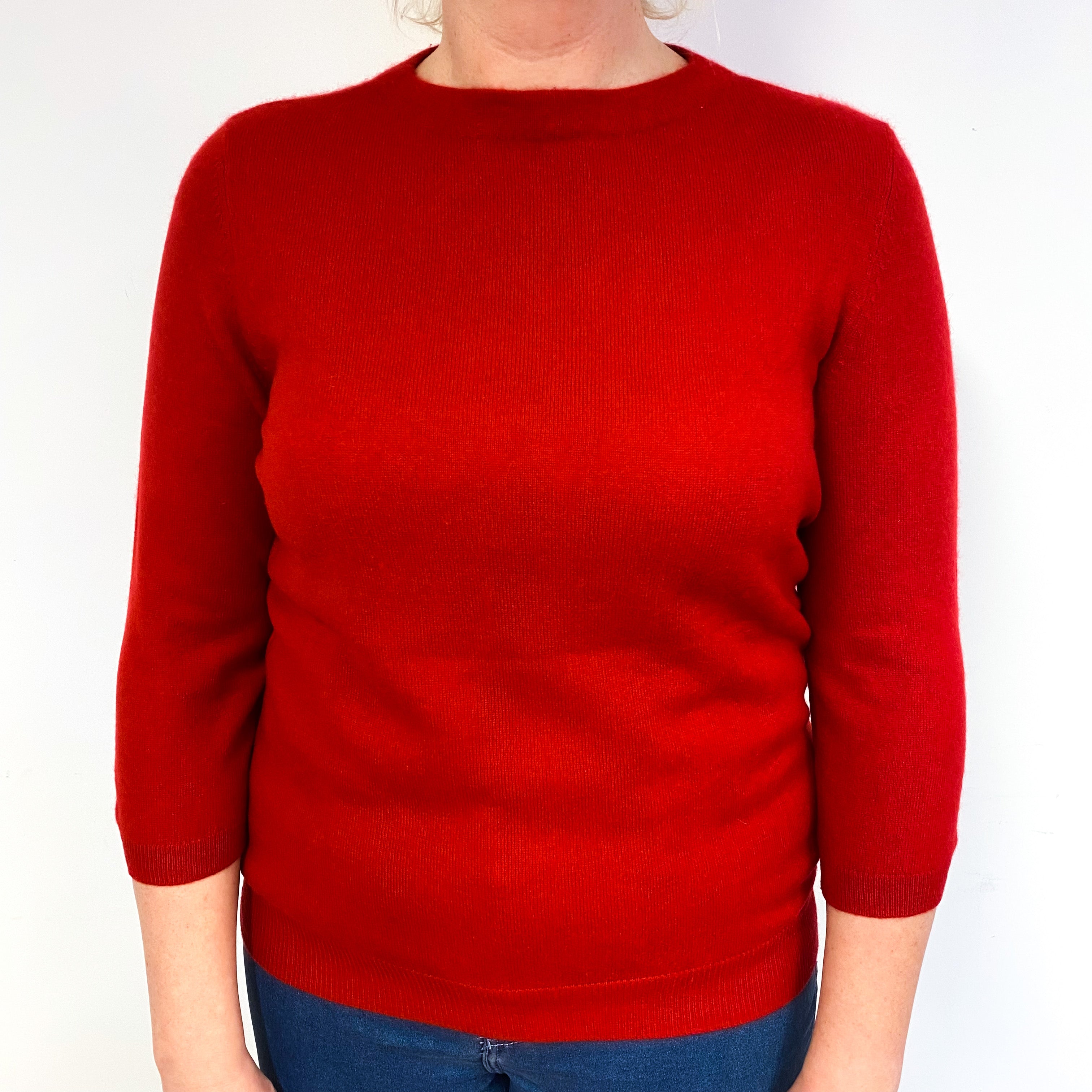 Post Box Red 3/4 Sleeve Cashmere Crew Neck Jumper Large/Petite