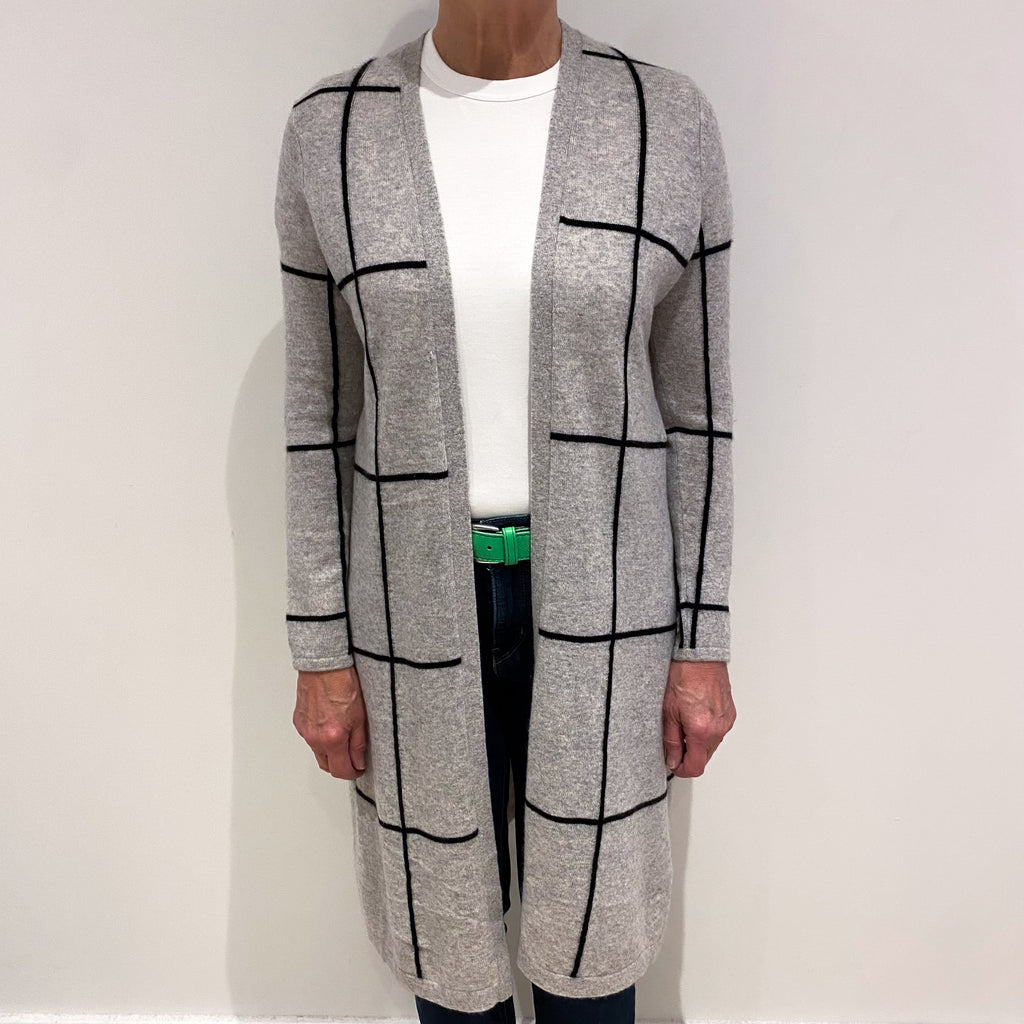 Smoke Grey and Black Cashmere Edge to Edge Checked Cardigan Medium