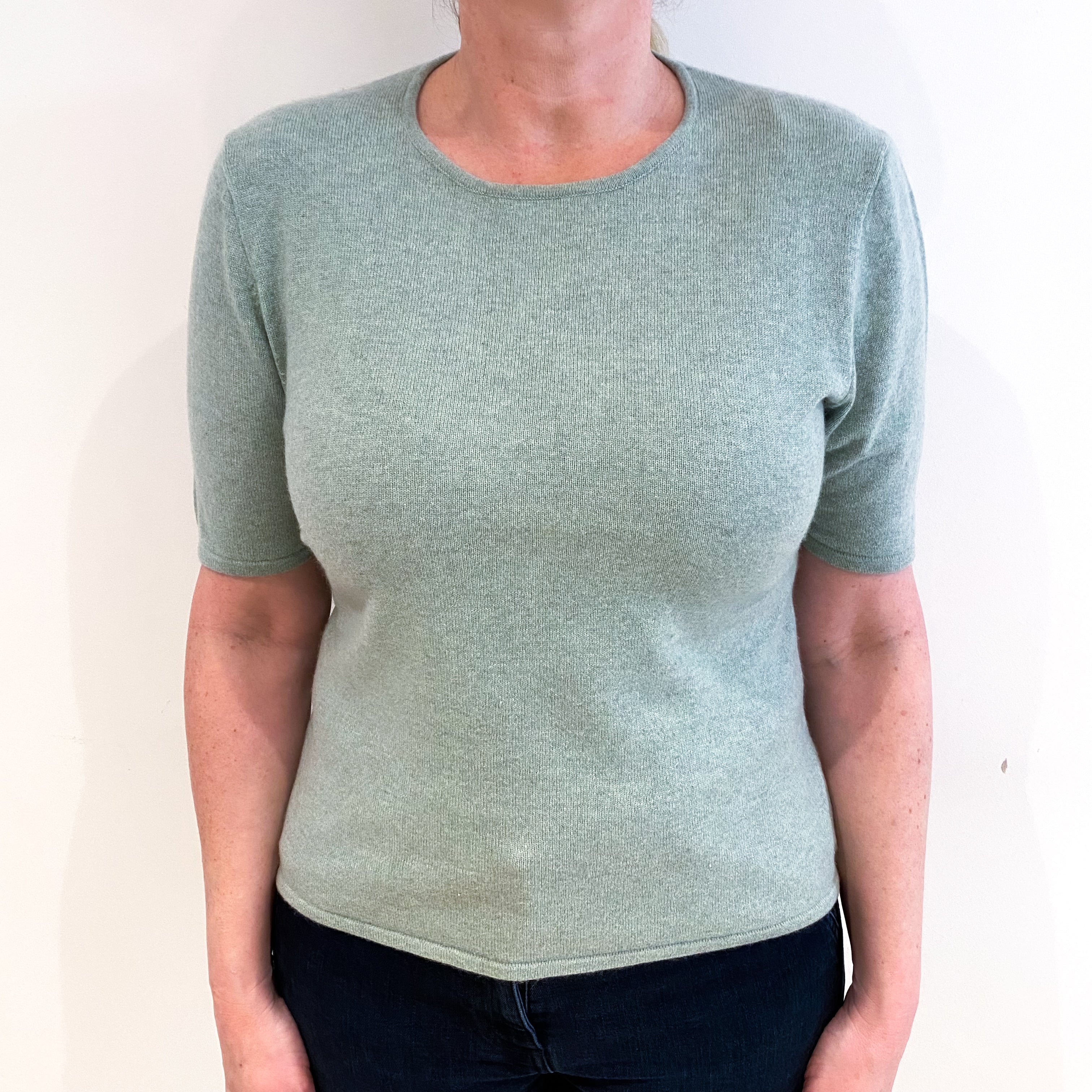 Dusky Mint Green Cashmere Crew Neck Short Sleeved Jumper Large