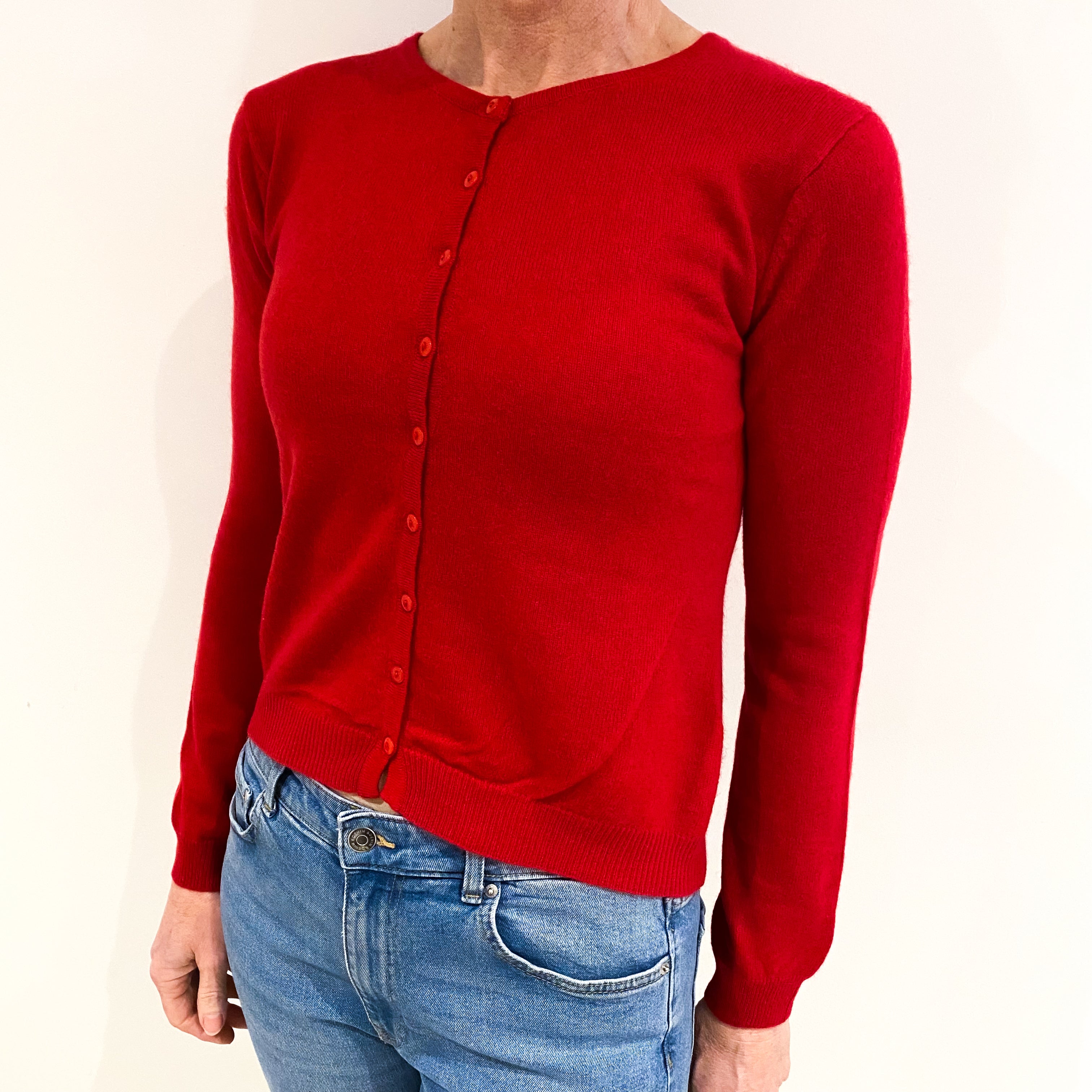 Post Box Red Cashmere Crew Neck Cardigan Small