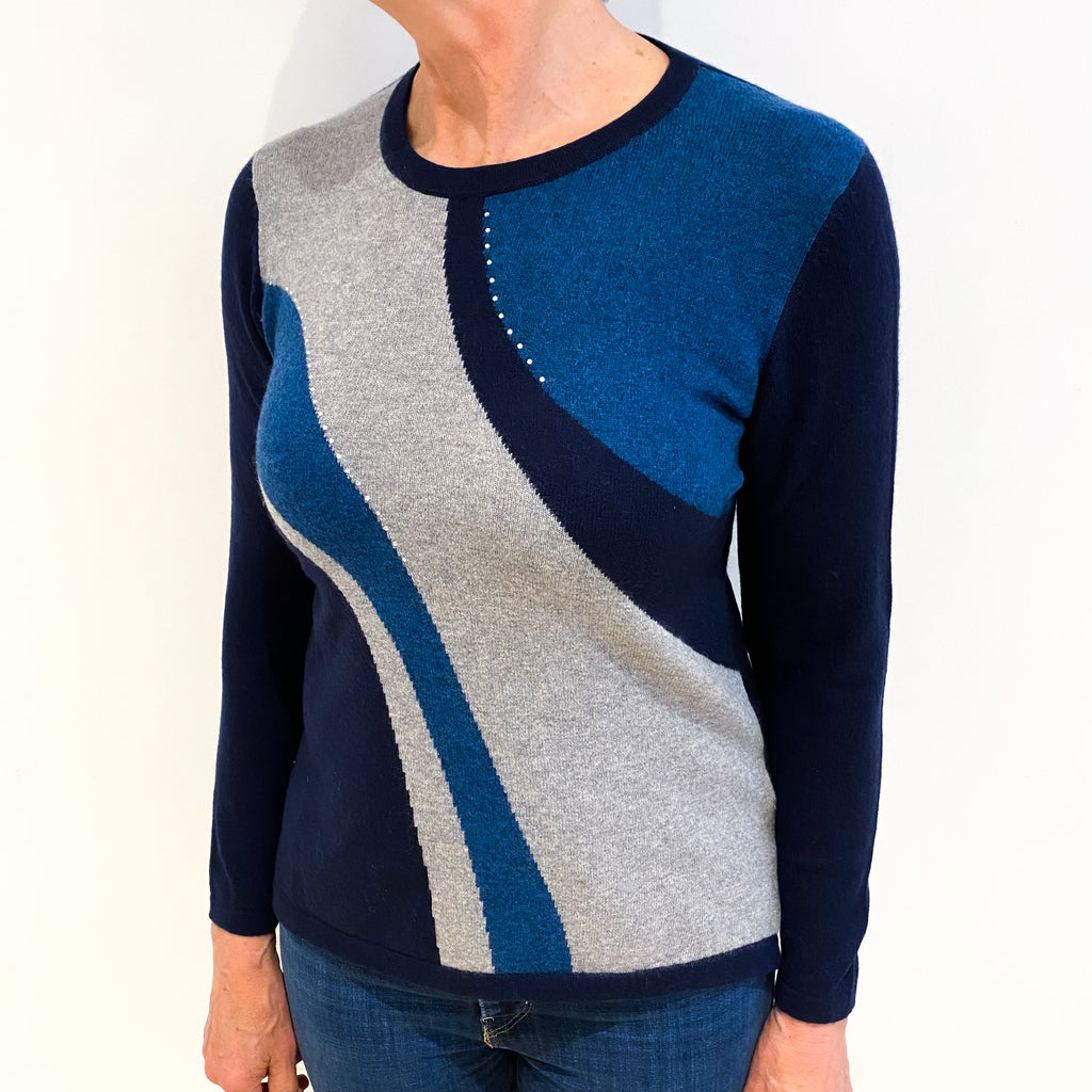 Navy Colour Block Cashmere Crew Neck Jumper Medium
