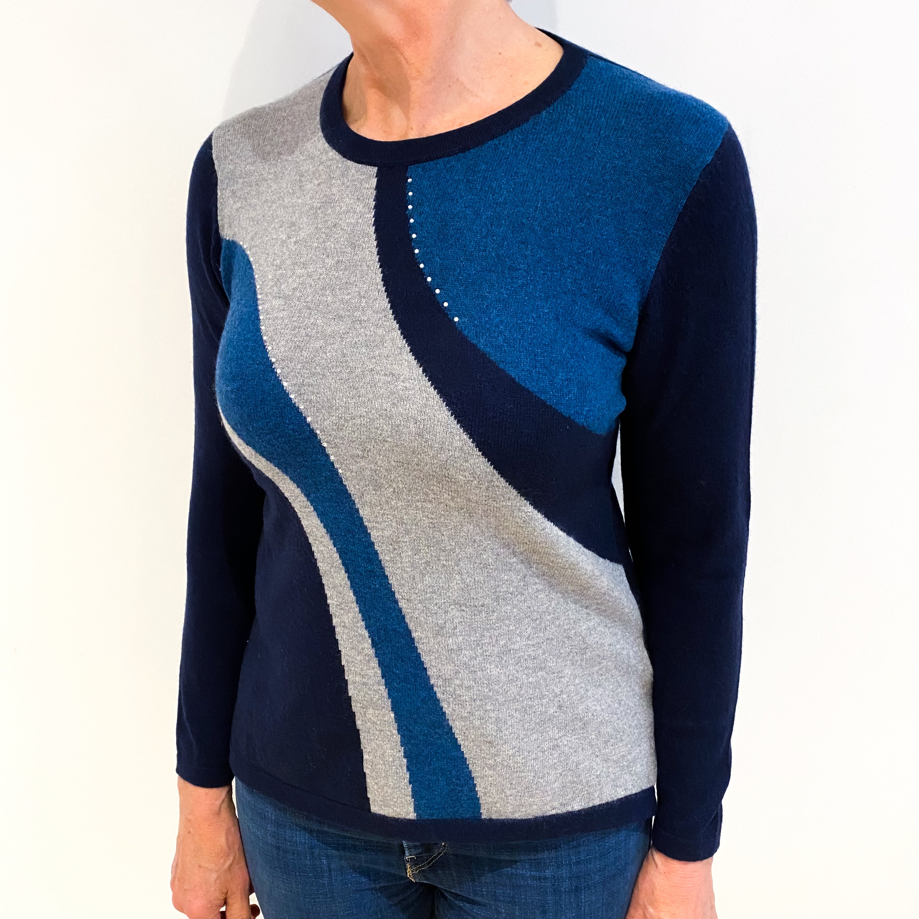 Navy Colour Block Cashmere Crew Neck Jumper Medium