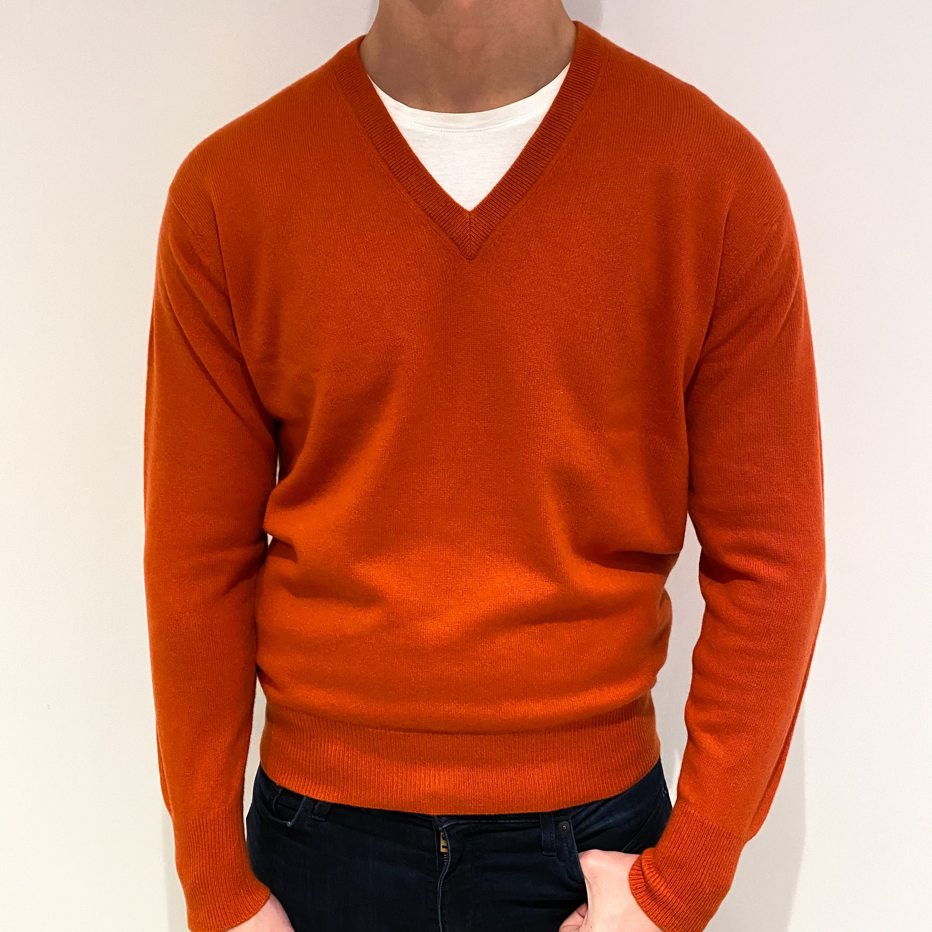 Men's Burnt Orange Cashmere V Neck Jumper XL