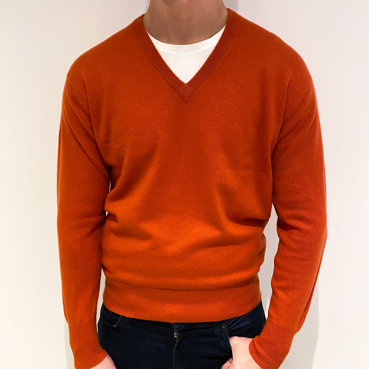 Men's Burnt Orange Cashmere V Neck Jumper XL