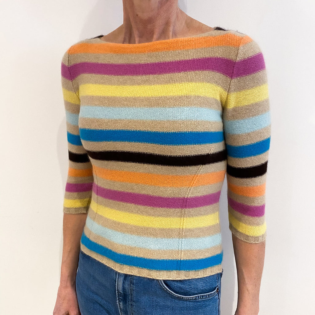 Beige Colourful Stripe Cashmere Boat Neck Jumper Small