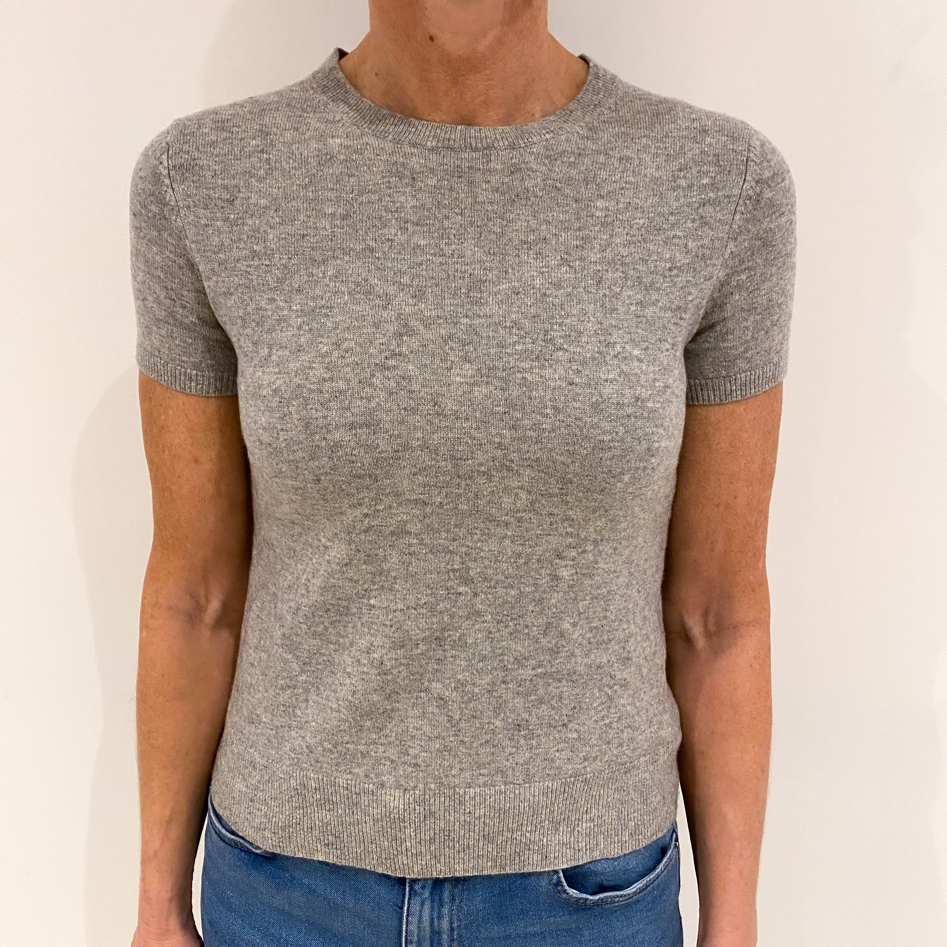 Smoke Grey Cashmere Short Sleeved Crew Neck Jumper Small