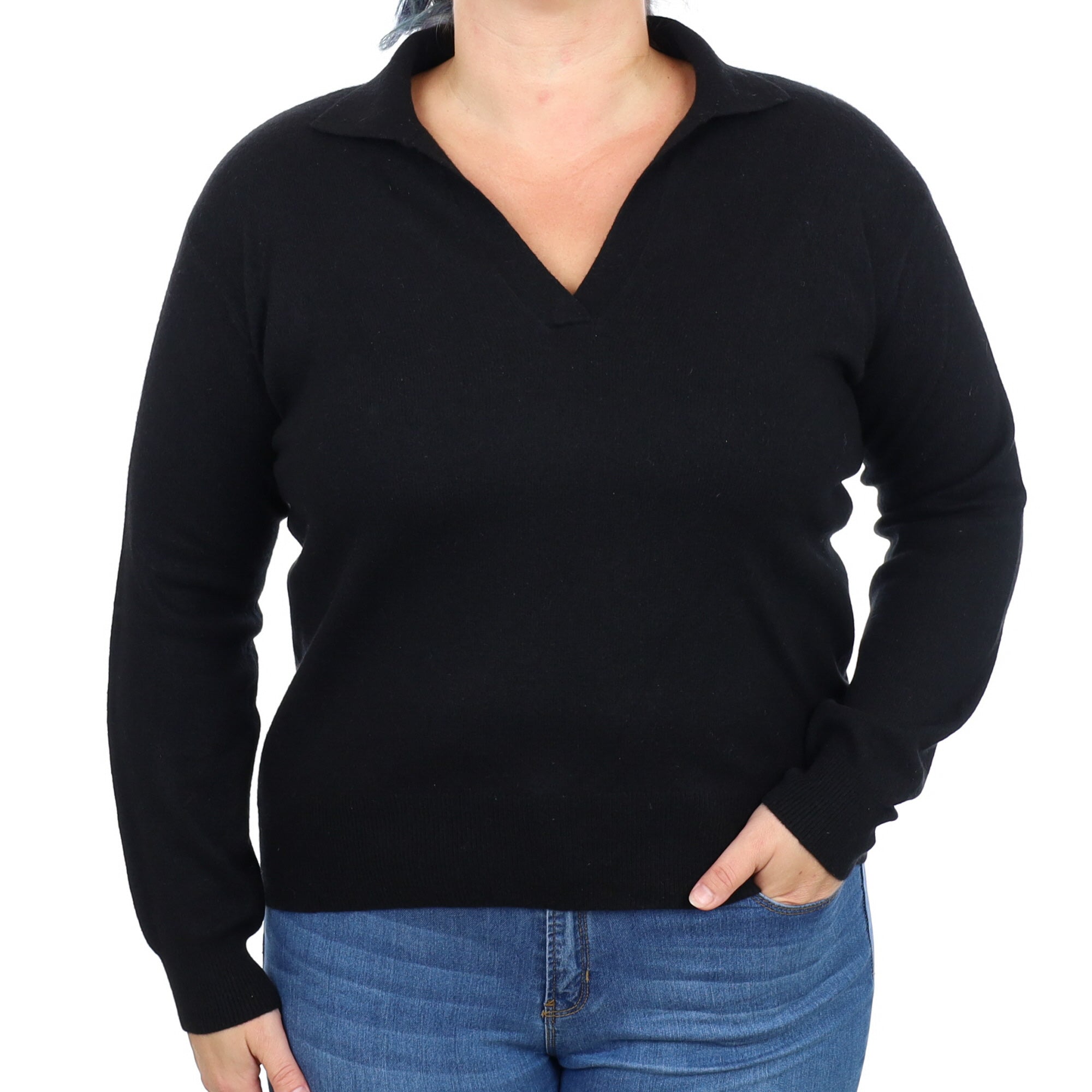 Black Cashmere Collared V Neck Jumper Large