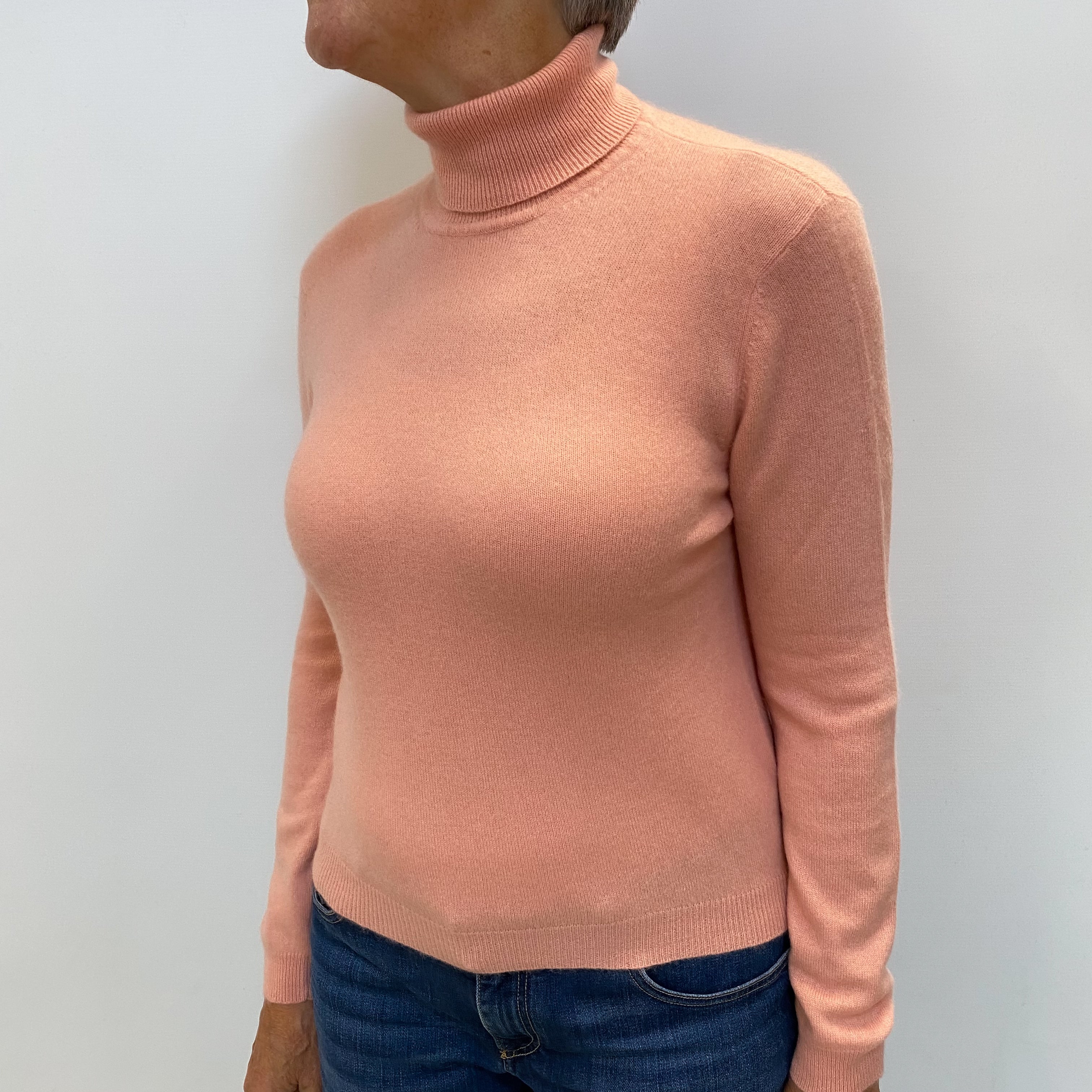 Salmon Pink Cashmere Polo Neck Jumper Medium