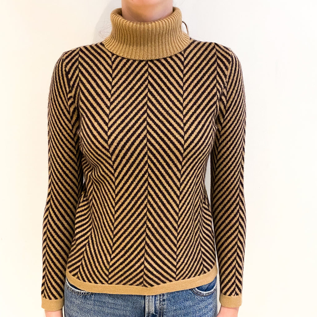 Camel Herringbone Cashmere Polo Neck Jumper Extra Small