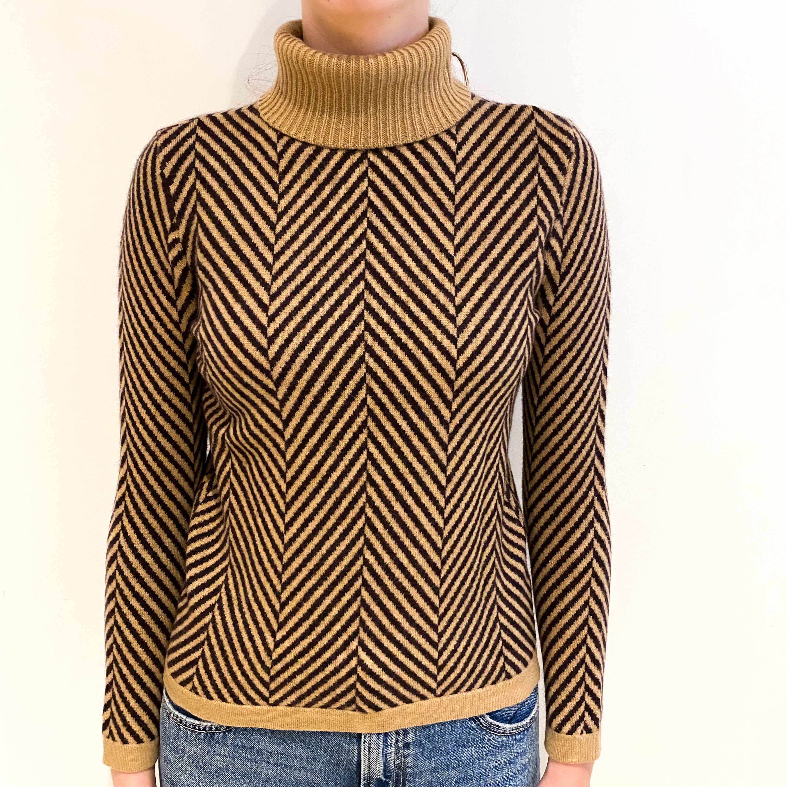 Camel Herringbone Cashmere Polo Neck Jumper Extra Small