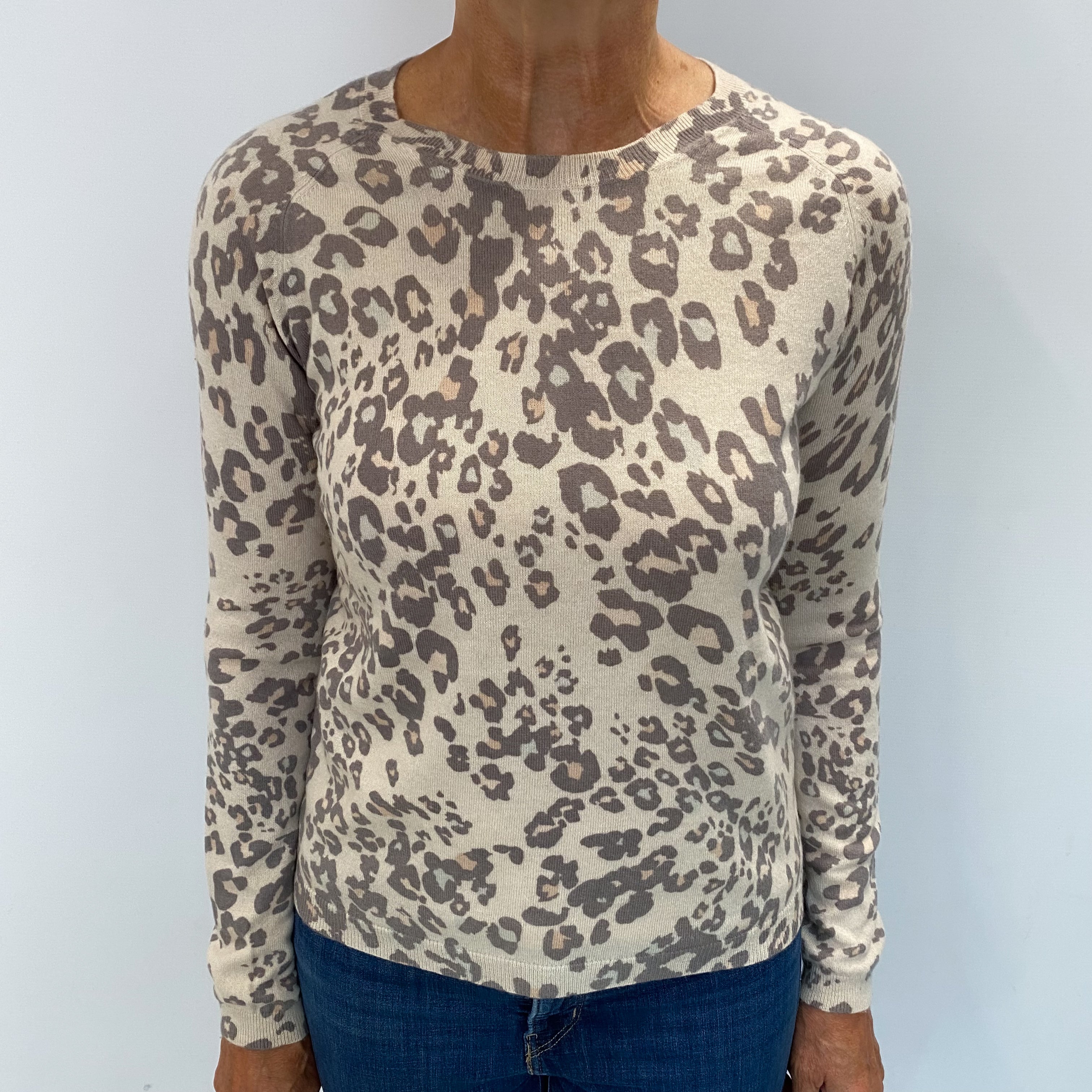Oatmeal Beige Animal Print Cashmere Crew Neck Jumper Medium