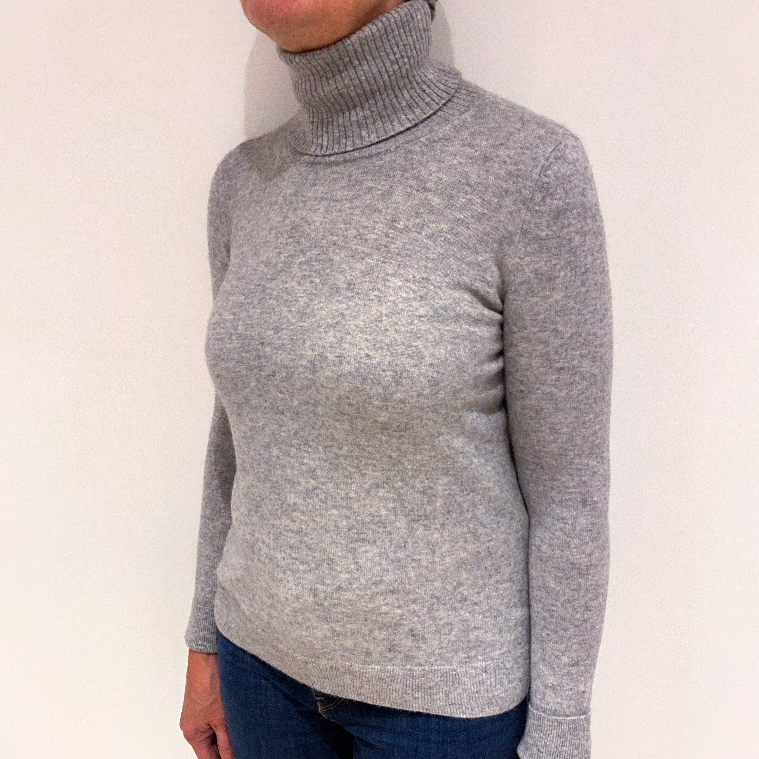 Smoke Grey Rib Side Cashmere Polo Neck Jumper Medium