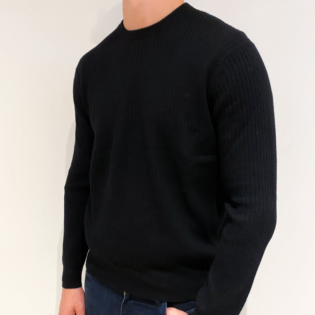 Men's Black Ribbed Cashmere Crew Neck Jumper Extra Large