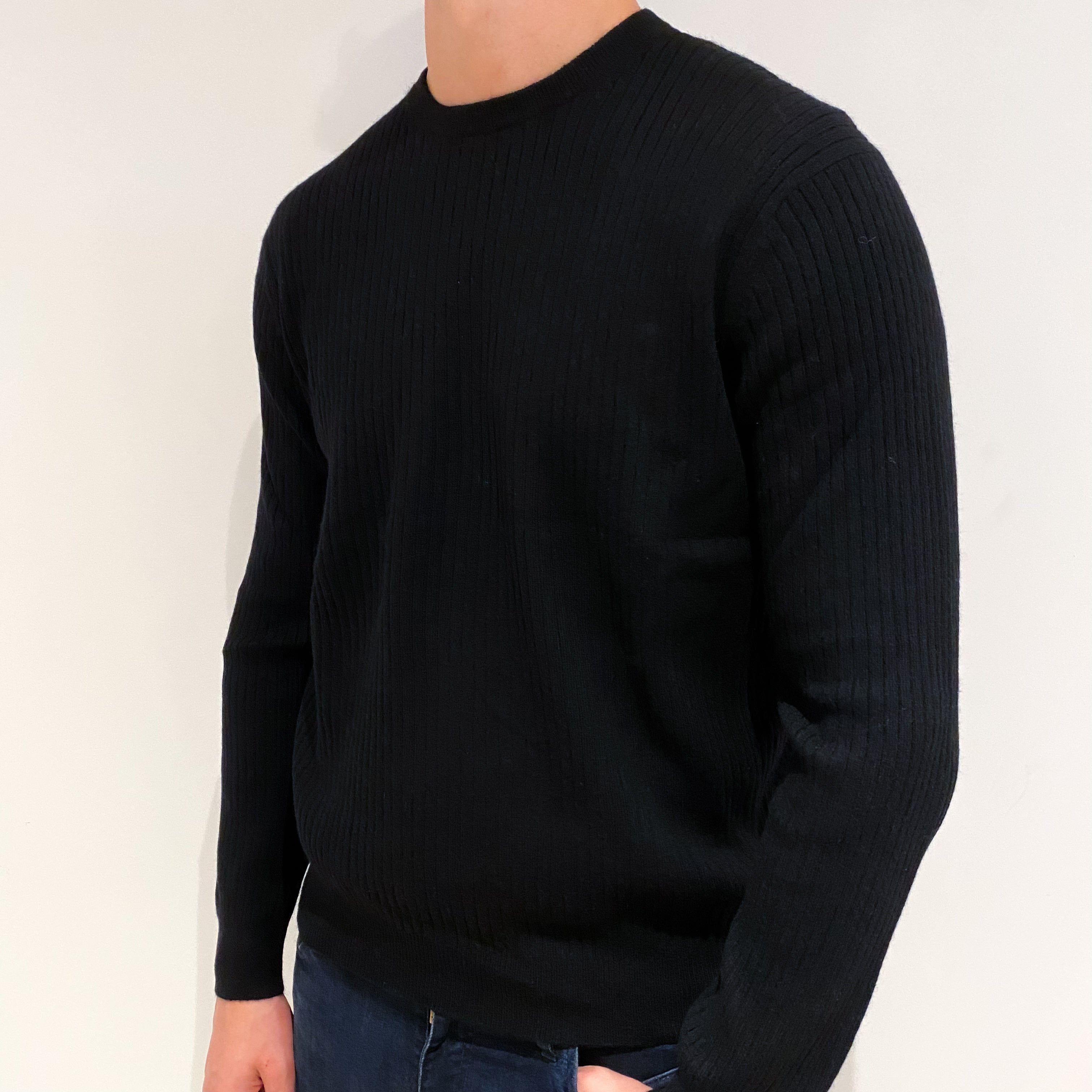 Men's Black Ribbed Cashmere Crew Neck Jumper Extra Large