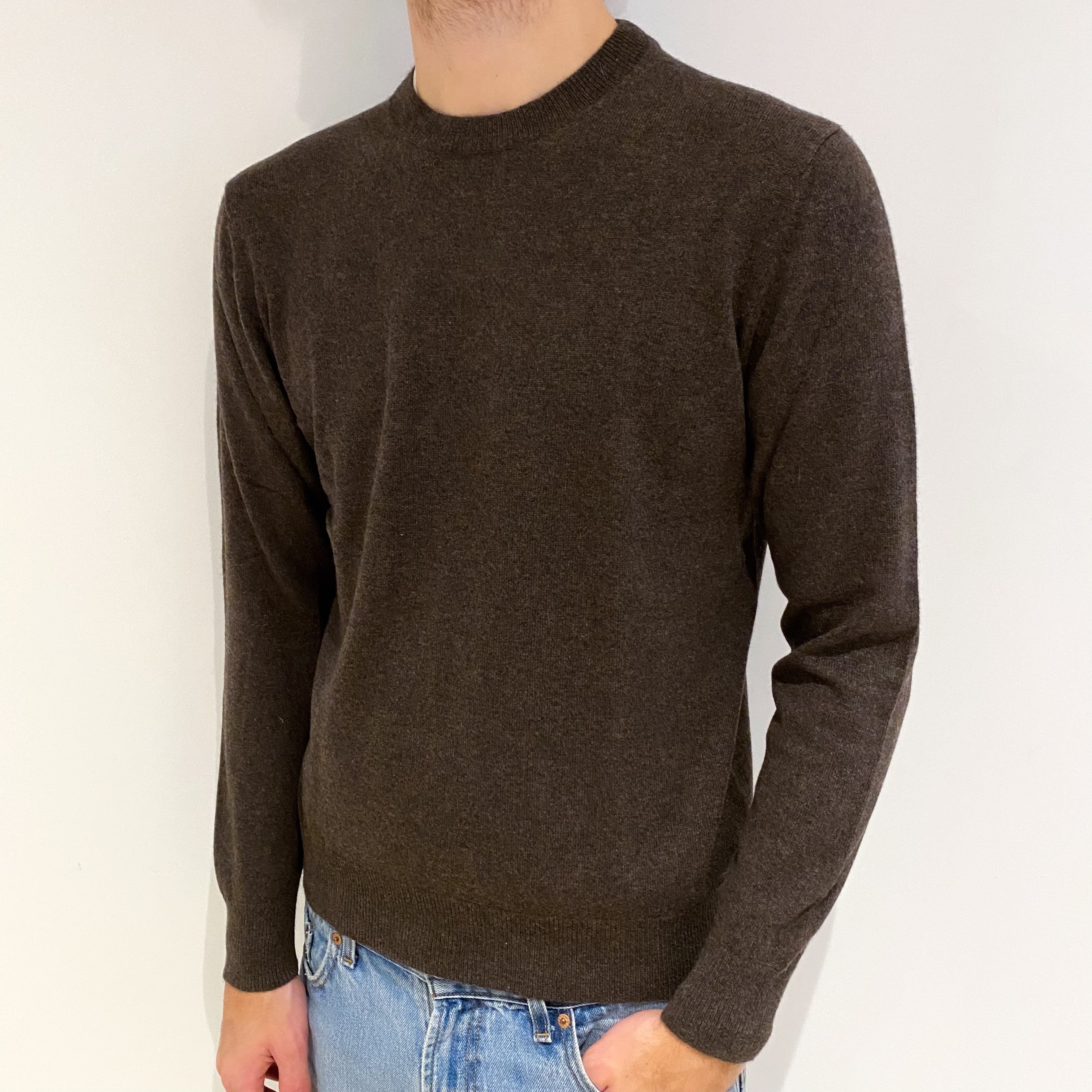 Men's Mole Brown Cashmere Crew Neck Jumper Medium