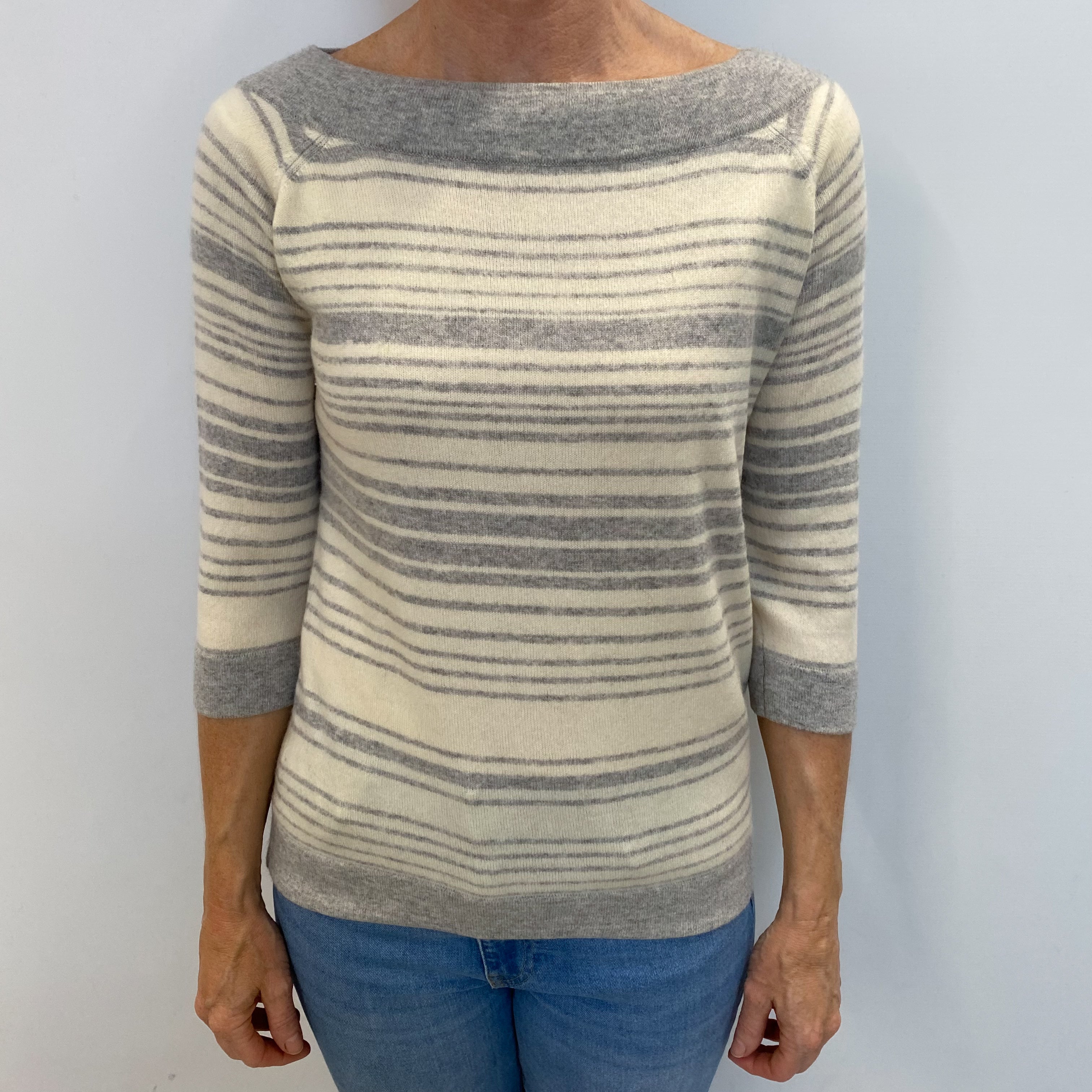 Smoke Grey Striped Cashmere Boat Neck Jumper Small