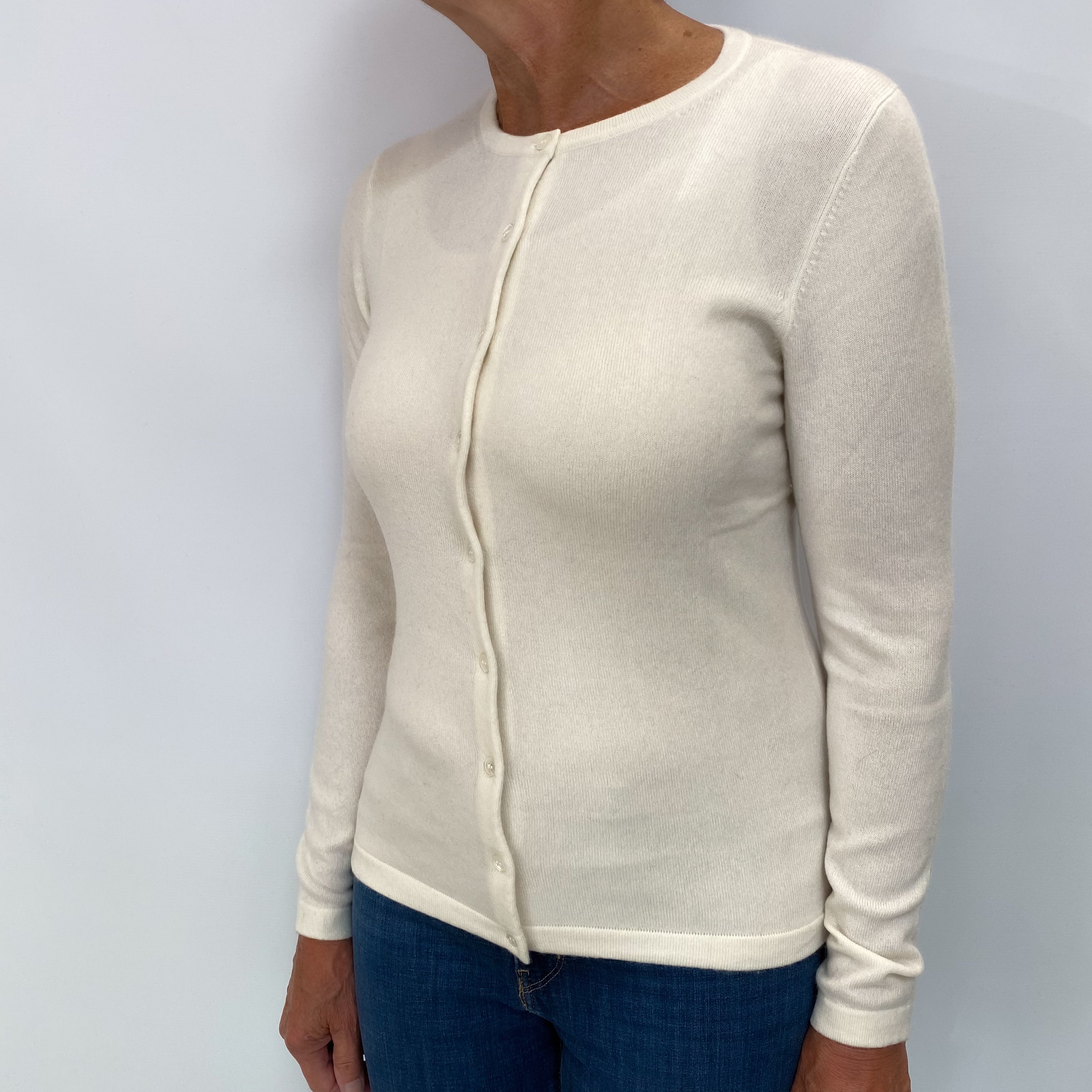 Ivory Cream Cashmere Crew Neck Cardigan Medium