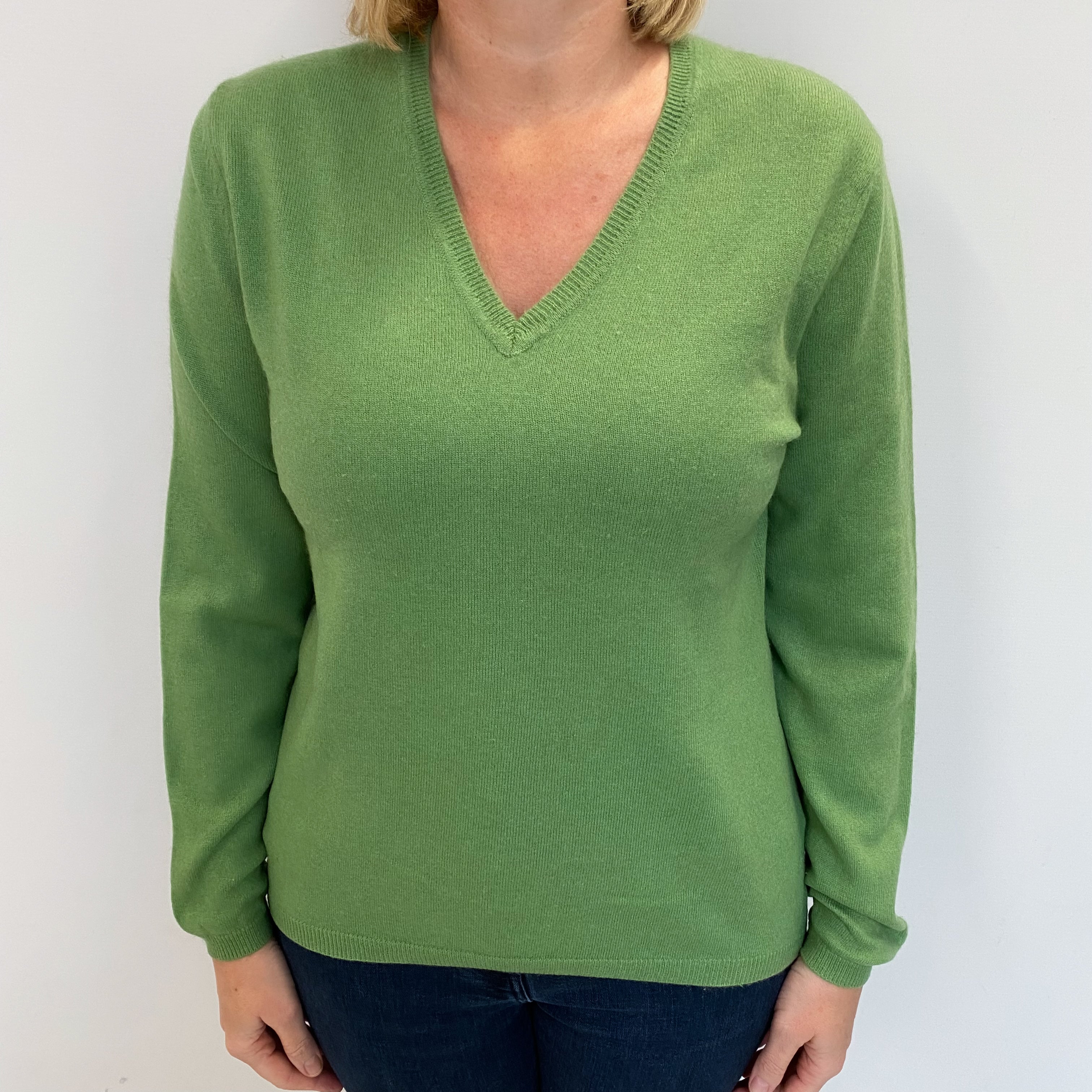 Fern Green Cashmere V Neck Jumper Large